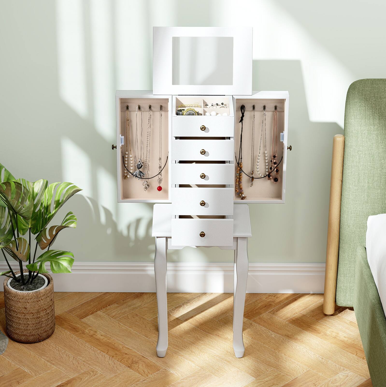 Alt View 3. Gymax - Gymax Mirrored Armoire Jewelry Cabinet Free Standing Organizer Storage Box Chest White - White.