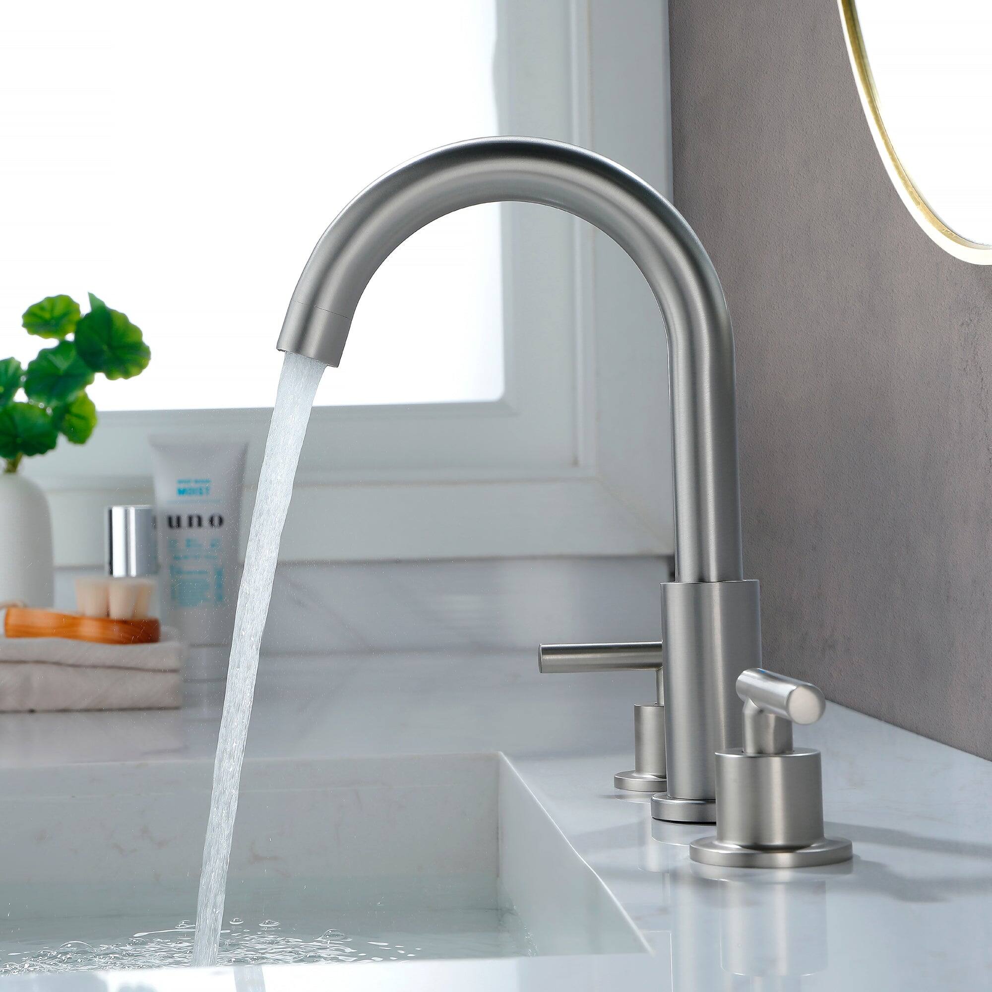 Left. Boyel Living - 8 in Widespread Double Handle 1.2 GPM Bathroom Faucet with Quick Connect Hose and Pop Up Drain in Brushed Nickel - Brushed Nickel.