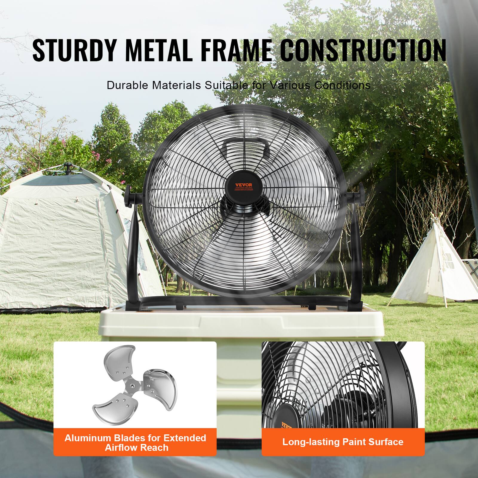 STURDY METAL FRAME CONSTRUCTION  
Durable Materials Suitable for Various Conditions  

Aluminum Blades for Extended Airflow Reach  

Long-lasting Paint Surface