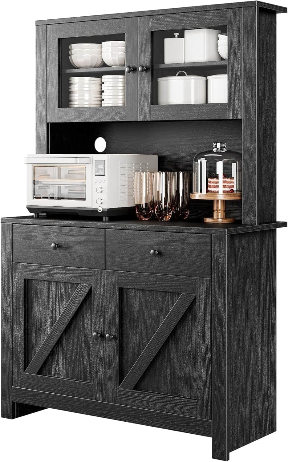 Acekool - Kitchen Pantry Cabinet with Microwave Stand, Freestanding Hutch with Adjustable Shelves for Dining Room - Black