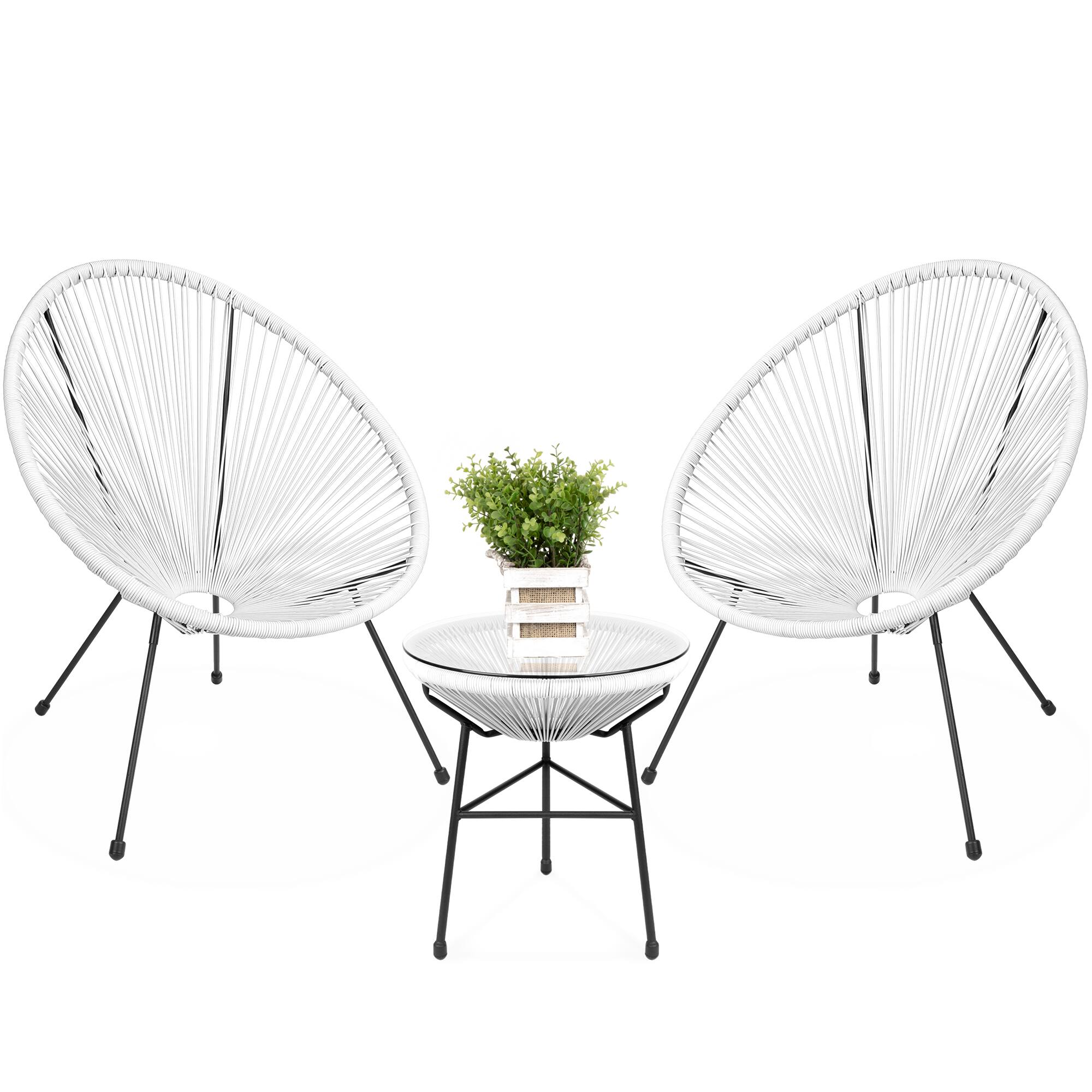 Best Choice Products - 3-Piece All-Weather Patio Acapulco Bistro Furniture Set w/ Rope, Glass Top Table - White