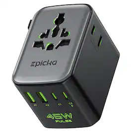 Epicka - Pulse Duo 45W International Power Adapter, Universal Travel Adapter with PD & QC 3.0 Fast Charging - Black