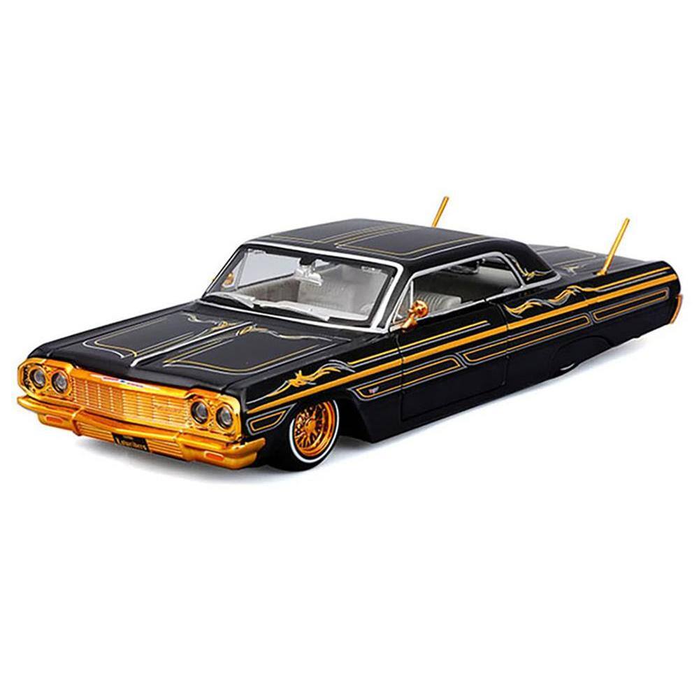 Back. Maisto - 1964 Chevrolet Impala SS Lowrider Black Metallic w/ Gold Graphics & Gray Interior "Lowriders" Maisto Design 1/26 Diecast - Multi.