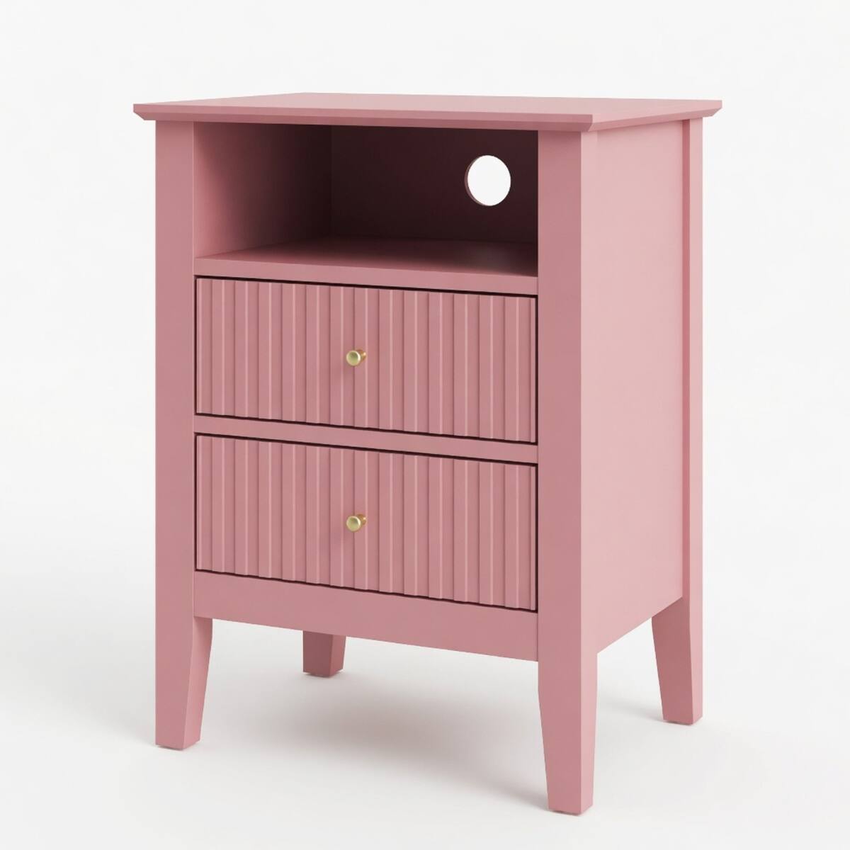 Angle. Loheer - Loheer Pink Nightstand Set of 2, Fluted 2-Drawer Tables with Open Shelf, 18-Inch Wide - Pink.