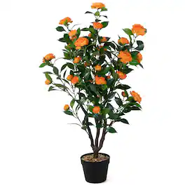 Costway - 40" Artificial Camellia Tree Faux Flower Plant Artificial Tree in Cement Pot Greenery Potted Plant - Green