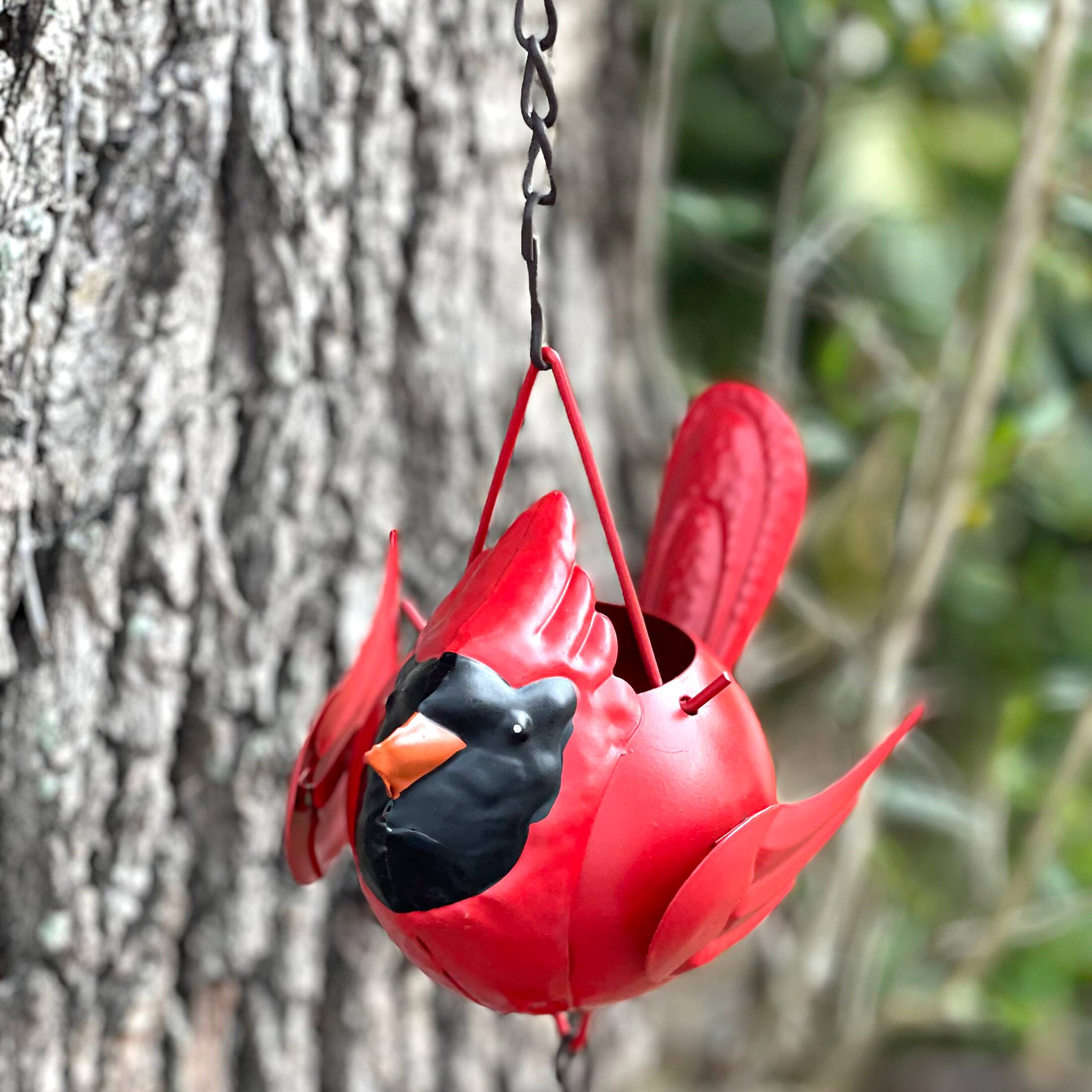 Alt View 5. Things2Die4 - 85-Inch Metal Rain Chain - 7 Red Cardinal Birds - Weighted Bell - Brown Finish - Bright Red.