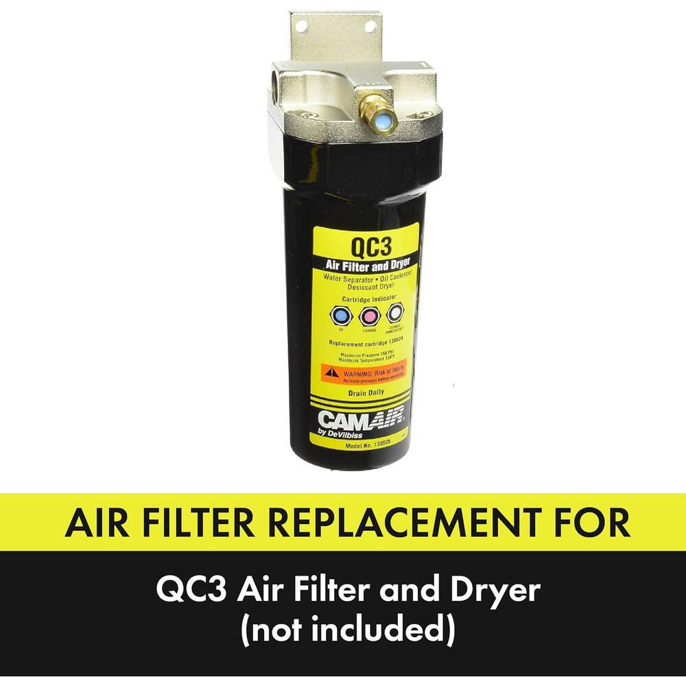 QC3 Air Filter and Dryer Water Separator Desiccant Dryer Cartridge Indicator - Replacement cartridge VUNCI Mjuieunt P TM Maximum IMY WARNING i E Renett p Drain Daily CAMA by DeVilbiss Model T22 AIR FILTER REPLACEMENT FOR QC3 Air Filter and Dryer (not included)