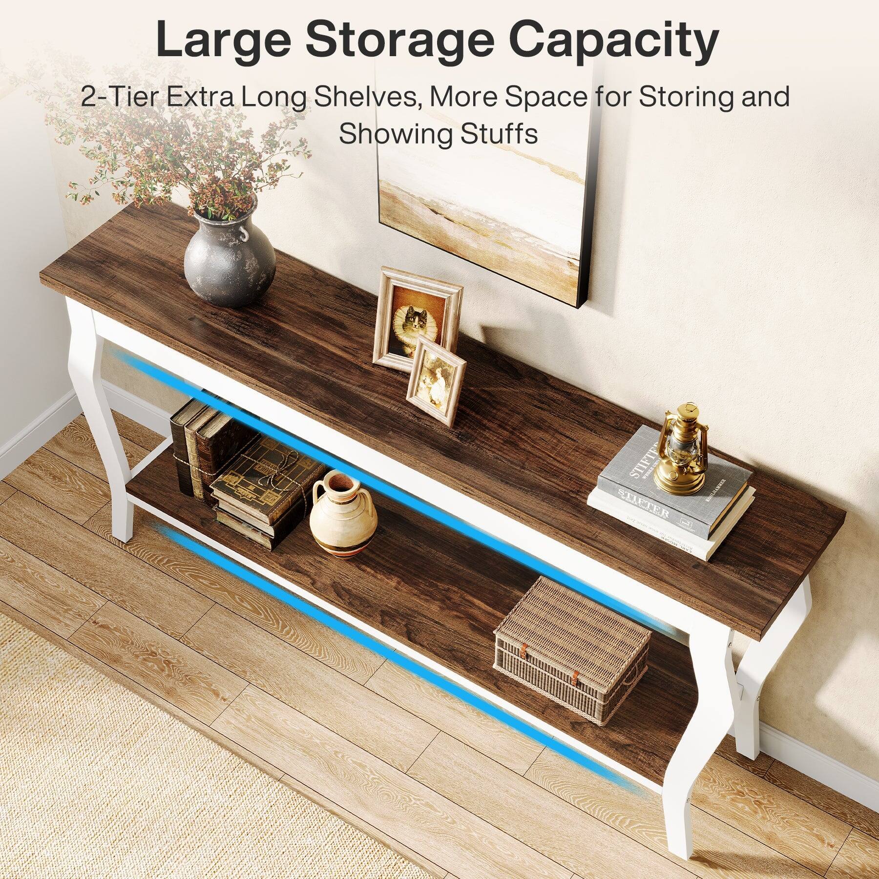 Large Storage Capacity  
2-Tier Extra Long Shelves, More Space for Storing and Showing Stuffs