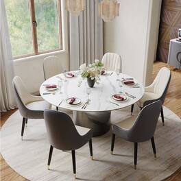 POVISON - 59" Round White Matte Sintered Stone Dining Table with Gray U-shaped Steel Base - White Matte Sintered Stone with Gray Steel Base
