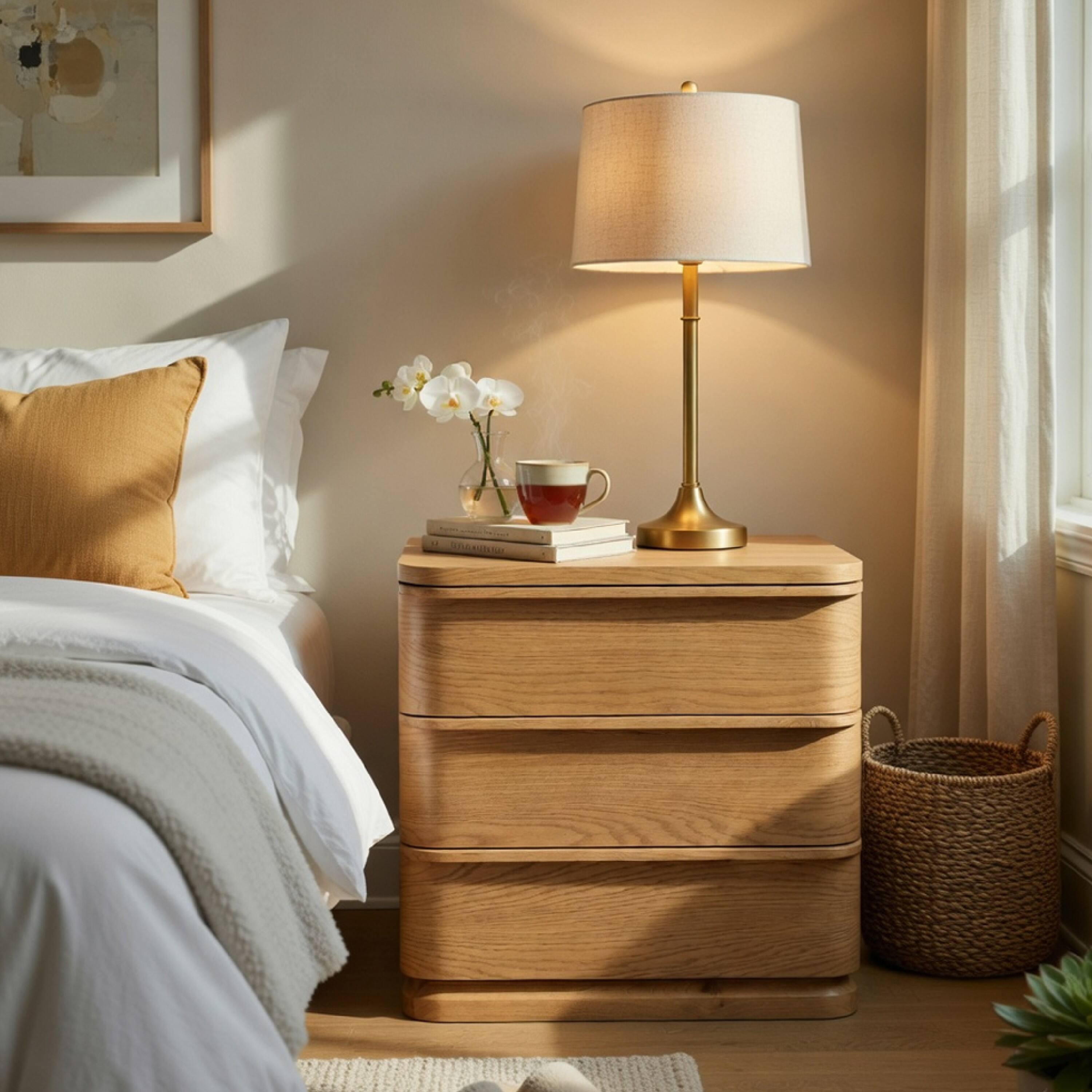 Alt View 4. Manhattan Lane - Sery 3 Drawer Nightstand, Minimalist Lip Handles, Wood 26 Inch - Oak Brown.