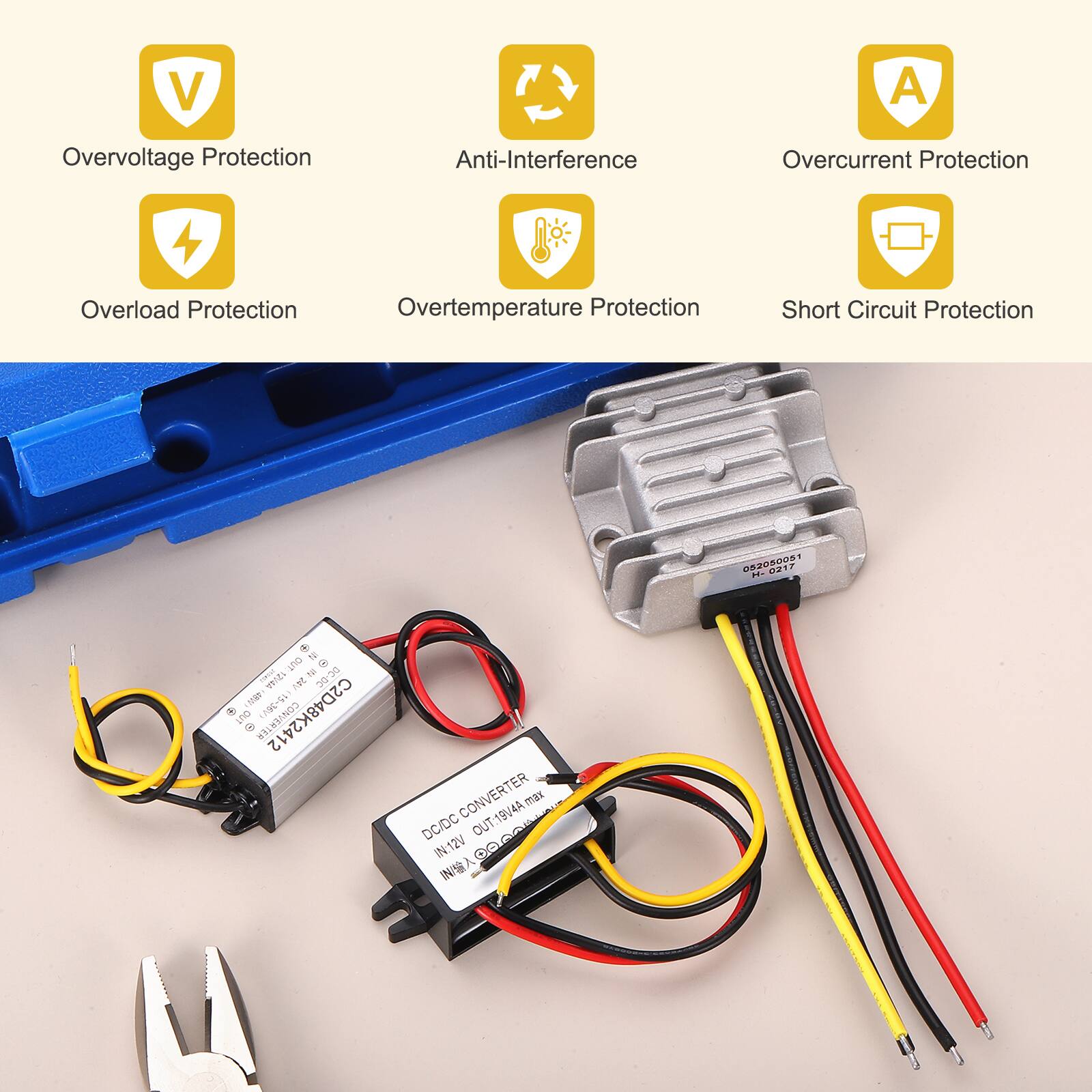 V A Overvoltage Protection Anti-Interference Overcurrent Protection Overload Protection Overtemperature Protection Short Circuit Protection

0R20400R1 217

+ a DUT o To 29:0 E Fet MeT 19-1 + LO C2D48K2412

CONVERTER ER CONVERTER OUT: 19V/4A TZE DC/DC OUT IN: 12V

DCDC CONVERTER
IN: 12V
OUT: 19V/4A max
1W 95% max

04-0205051
14-0217