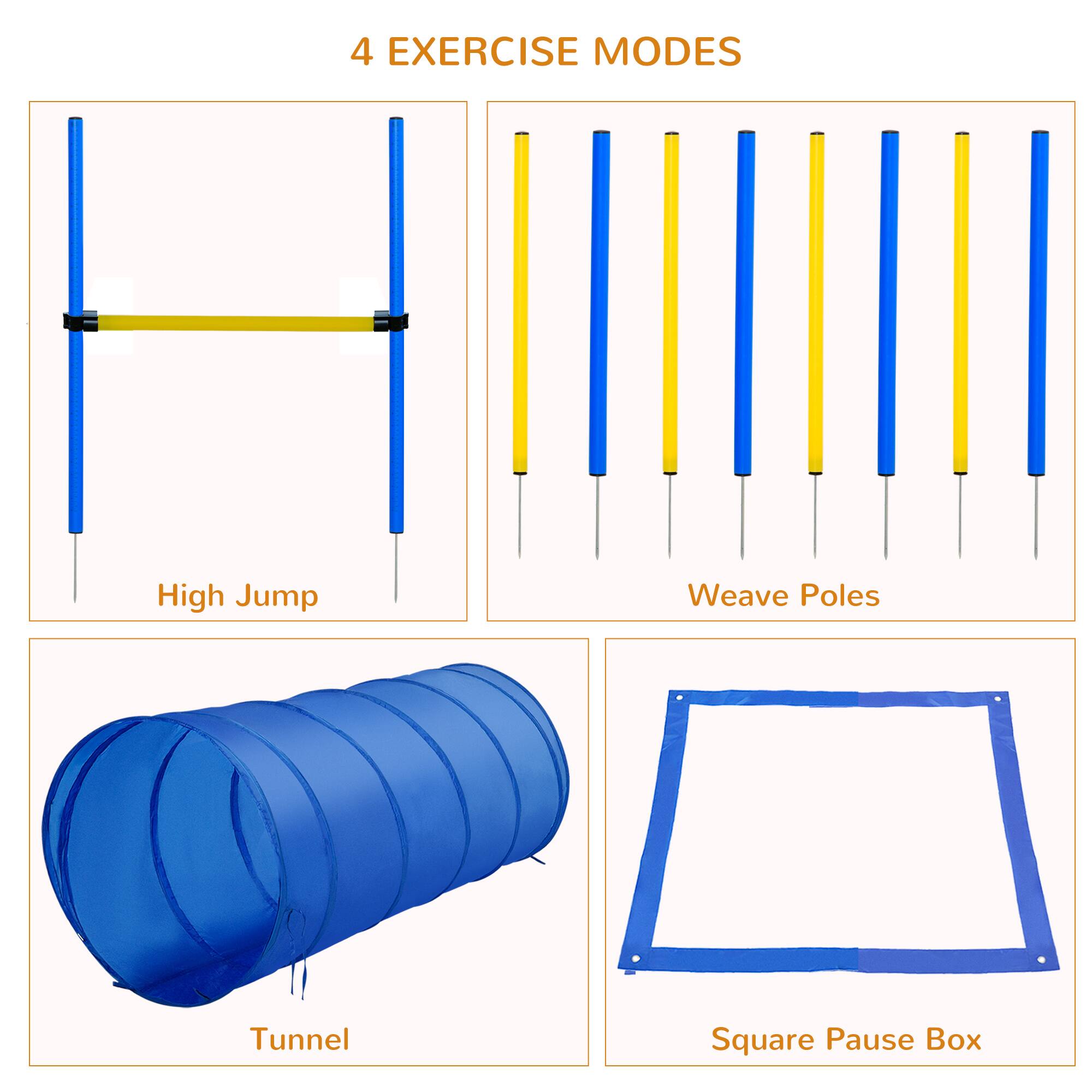 4 EXERCISE MODES

- High Jump
- Weave Poles
- Tunnel
- Square Pause Box