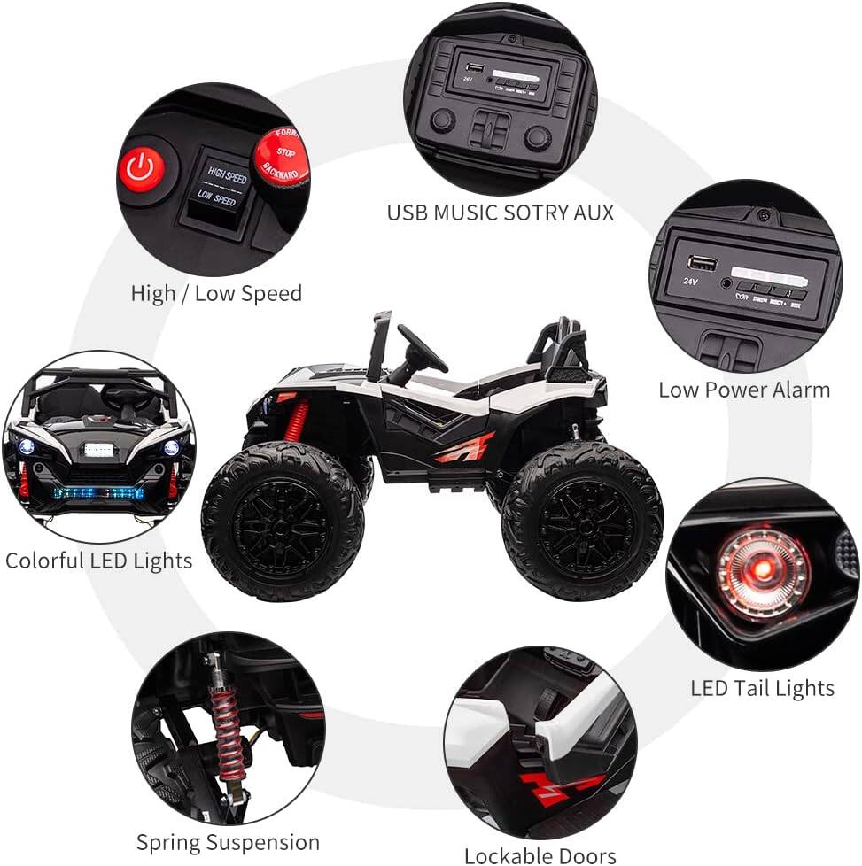 - High / Low Speed
- USB MUSIC STORY AUX
- Low Power Alarm
- Colorful LED Lights
- LED Tail Lights
- Spring Suspension
- Lockable Doors