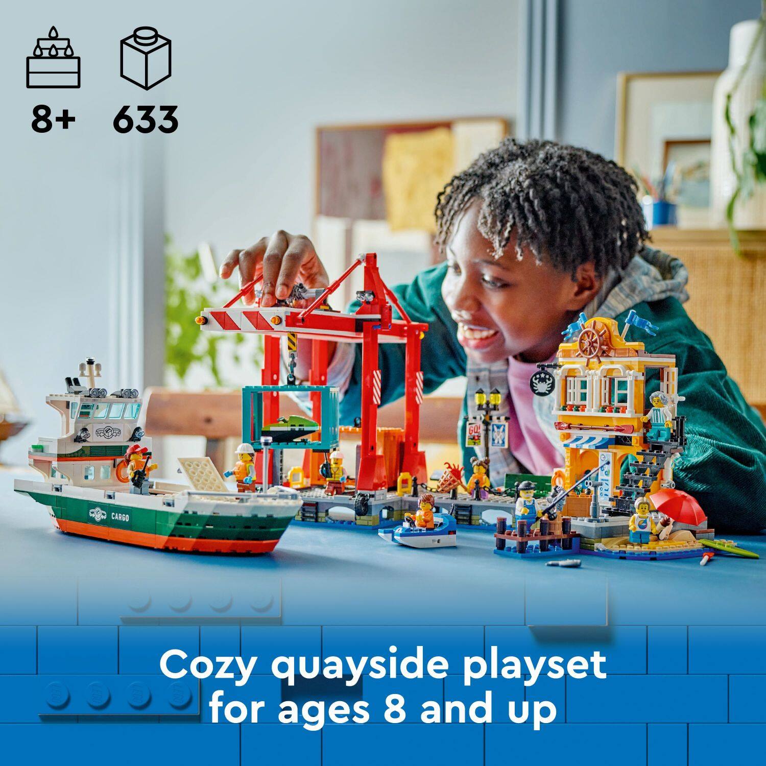 The text on the image reads: "8+ 633 CARGO Cozy quayside playset for ages 8 and up."