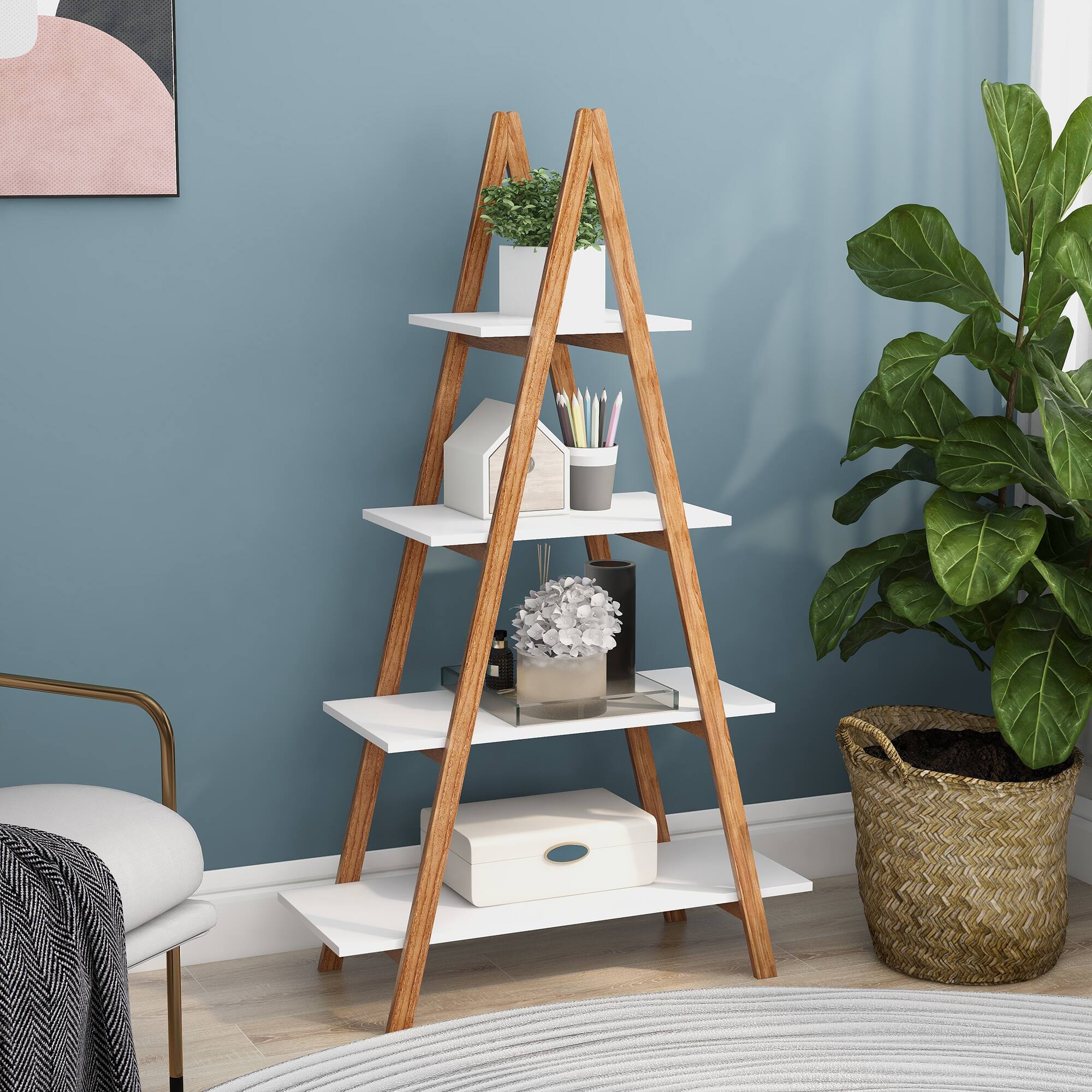 Front. Spaco - Spaco Solid Bamboo A Frame Ladder Bookshelf, 4-Tier Open Shelf with 10lb Capacity, for Home Office Decor - White.