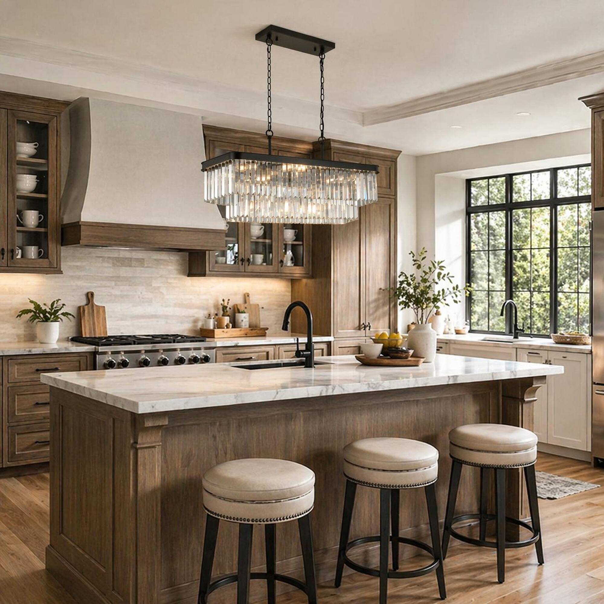 Angle. RYHNUYNE - Rectangular Crystal Chandelier with Adjustable Height, Modern Industrial Iron Frame, E12 Sockets for Kitchen Island.