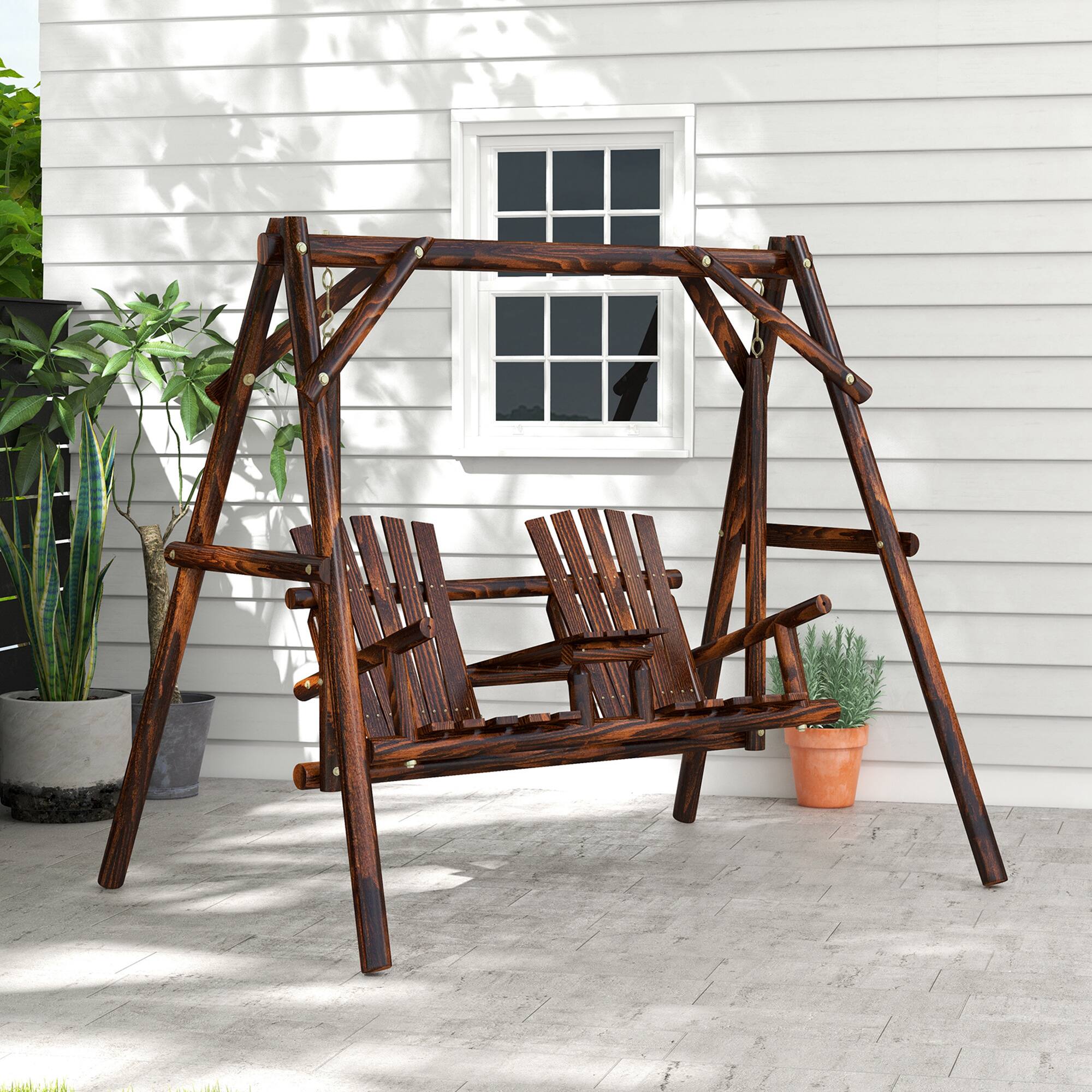 Angle. Outsunny - Outsunny Wooden Porch Swing with Stand 2-Seat Patio Swing Chair with Center Table.