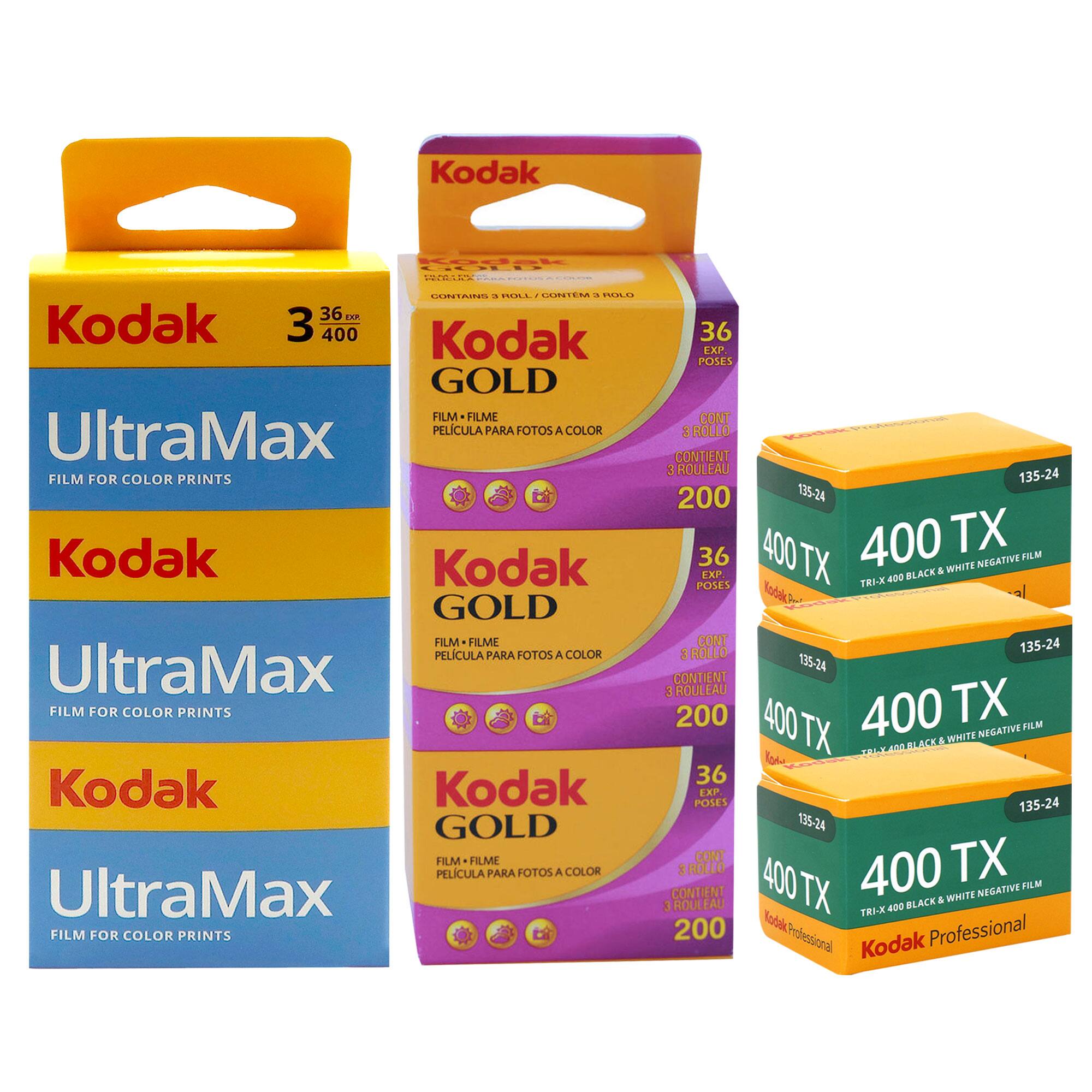 Kodak UltraMax  
Film for Color Prints  
36 EXP 400  

Kodak Gold  
Film for Color Prints  
36 EXP 200  

Kodak 400 TX  
Tri-X 400 Black & White Negative Film  
135-24  

Kodak 400 TX  
Tri-X 400 Black & White Negative Film  
135-24  

Kodak 400 TX  
Tri-X 400 Black & White Negative Film  
135-24  

Kodak Professional  
400 TX  
Tri-X 400 Black & White Negative Film  
135-24