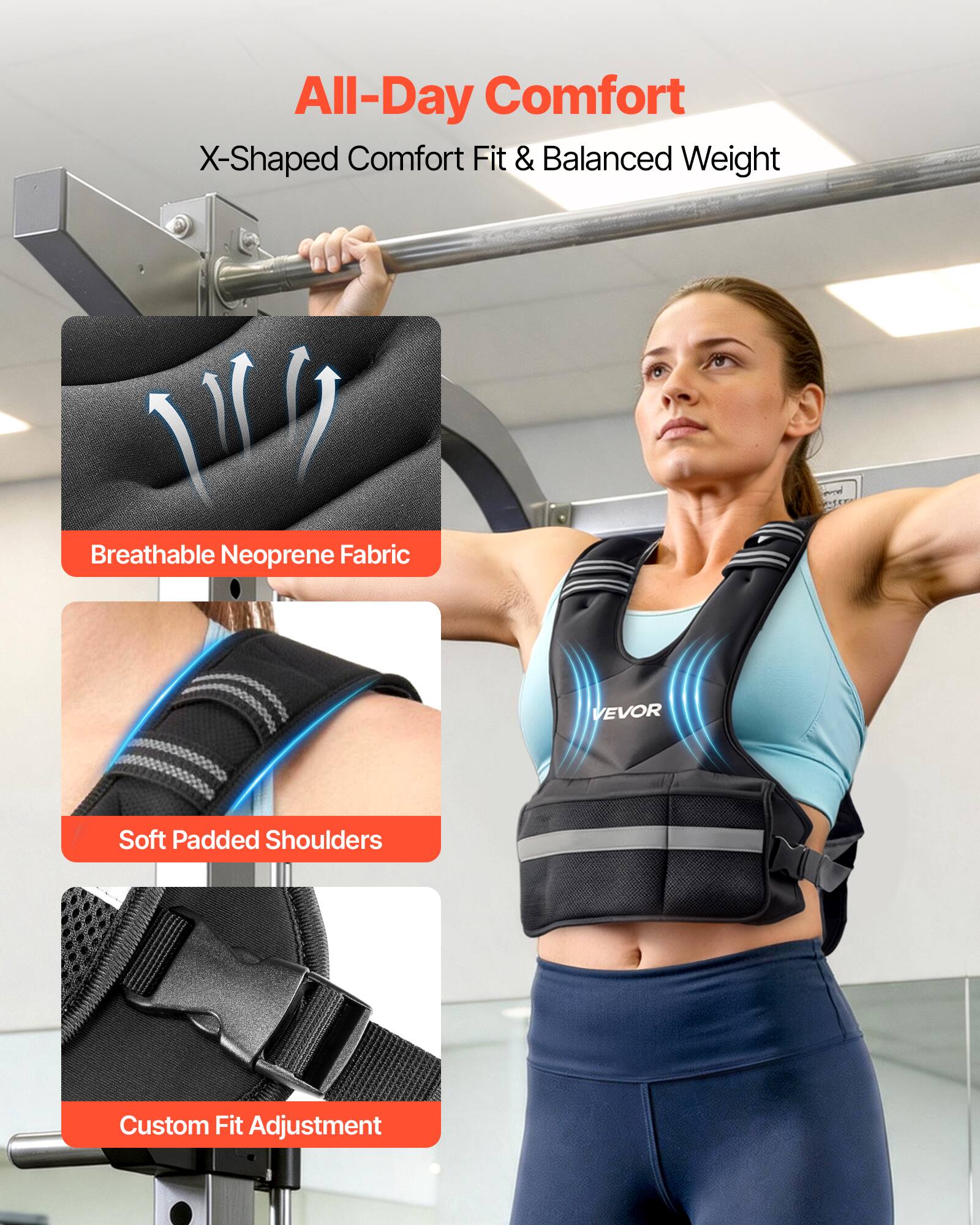 All-Day Comfort  
X-Shaped Comfort Fit & Balanced Weight  

Breathable Neoprene Fabric  
Soft Padded Shoulders  
Custom Fit Adjustment