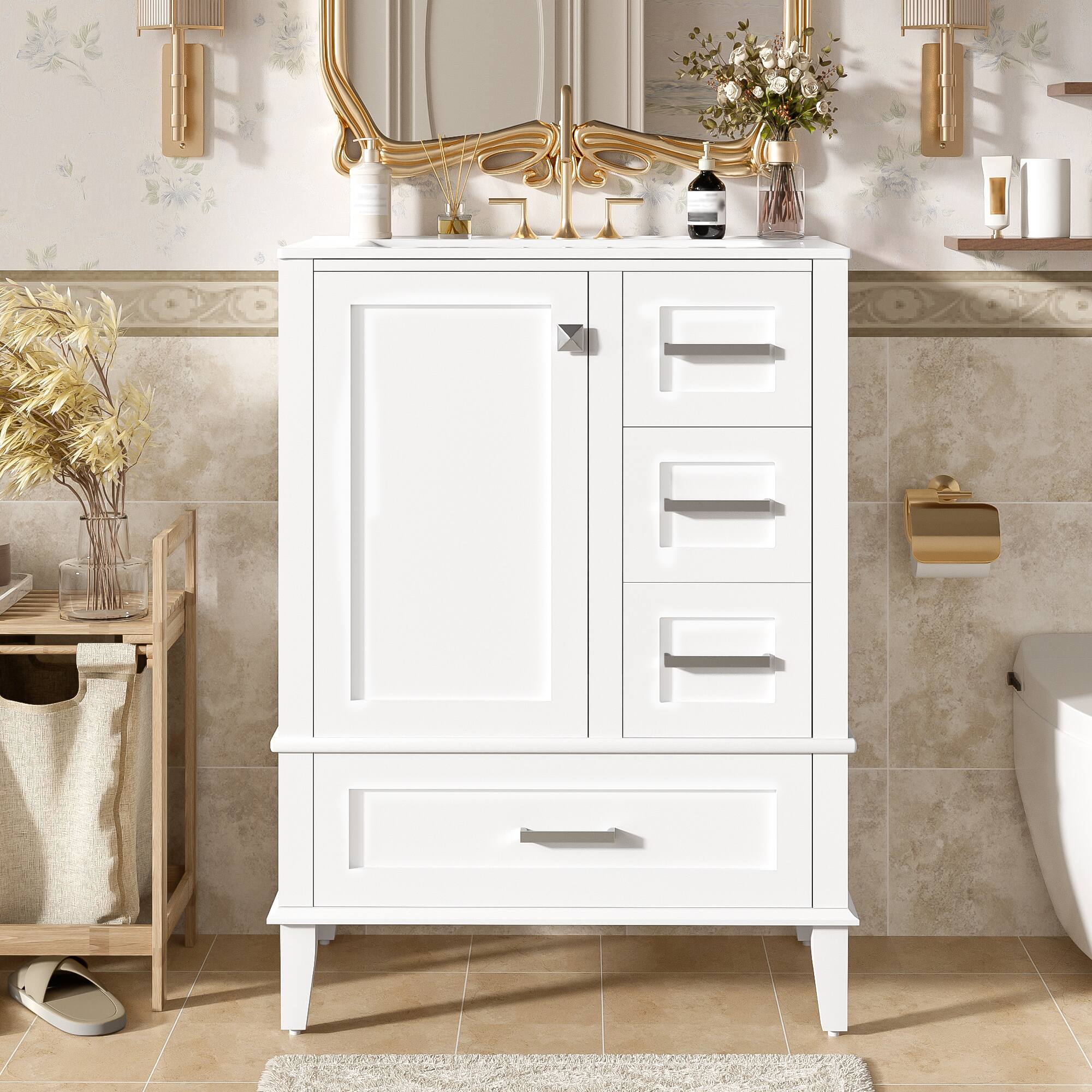 Alt View 2. Ecooso - 24.8" Bathroom Vanity with Ceramic Sink, 3 Drawers, Soft-Close Door, Freestanding Space-Saving Cabinet - White.