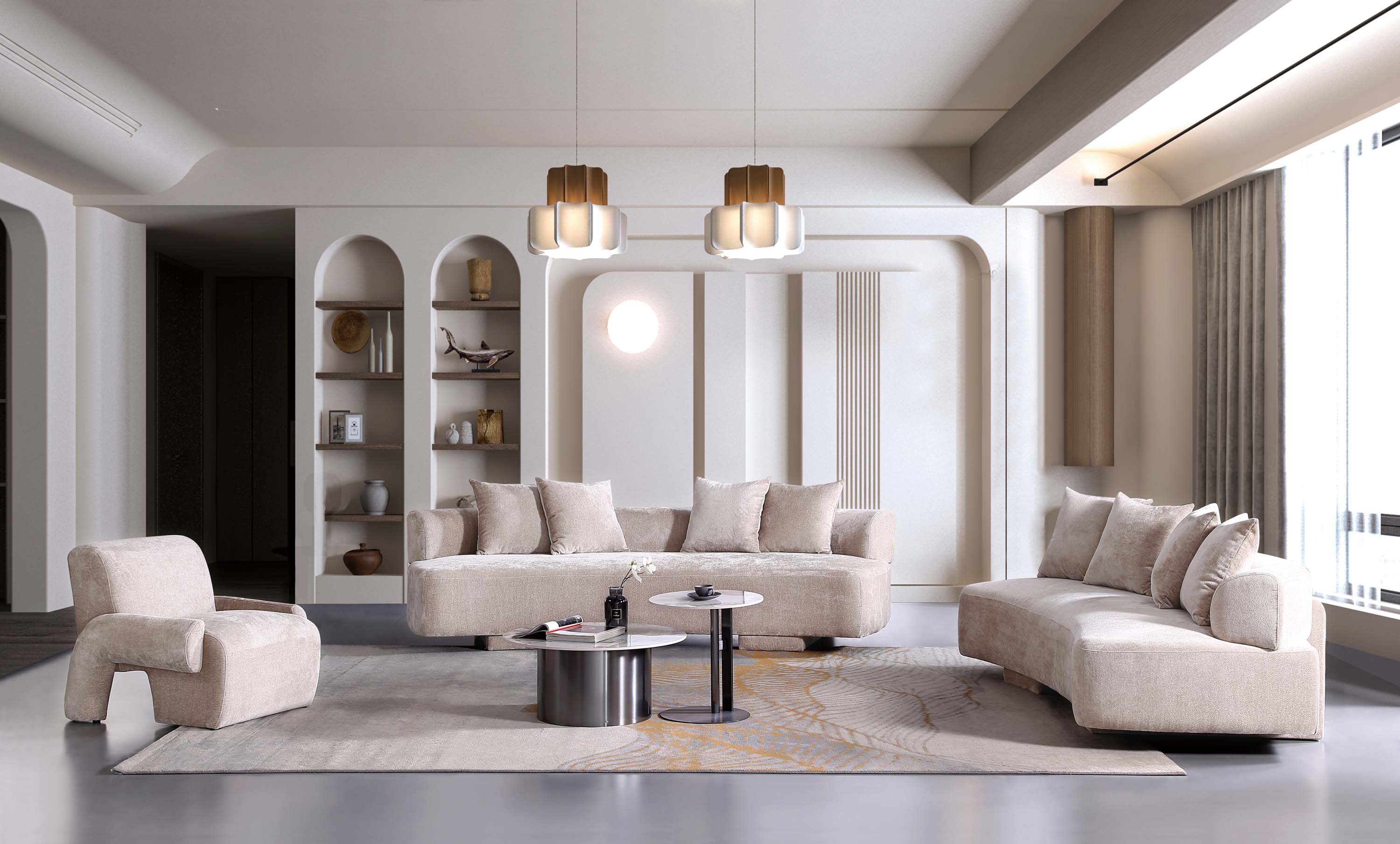 Angle. Manhattan Comfort - Verandah Mid-Century Modern 3-Piece Sofa Set - Beige.