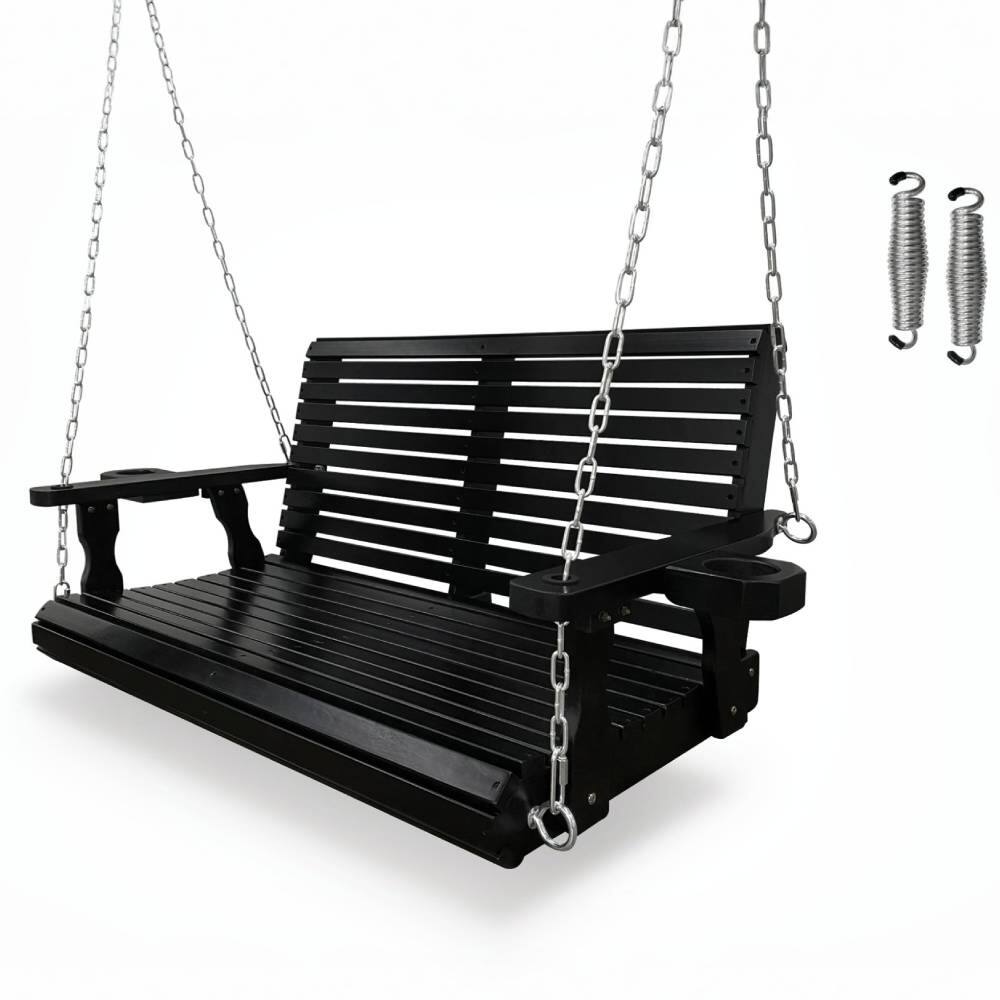 Fortune Candy - Wooden Porch Swing 2-Seater, High Backrest and Deep Seat, Bench Swing with Cupholders, for Outdoor Patio Garden - Black