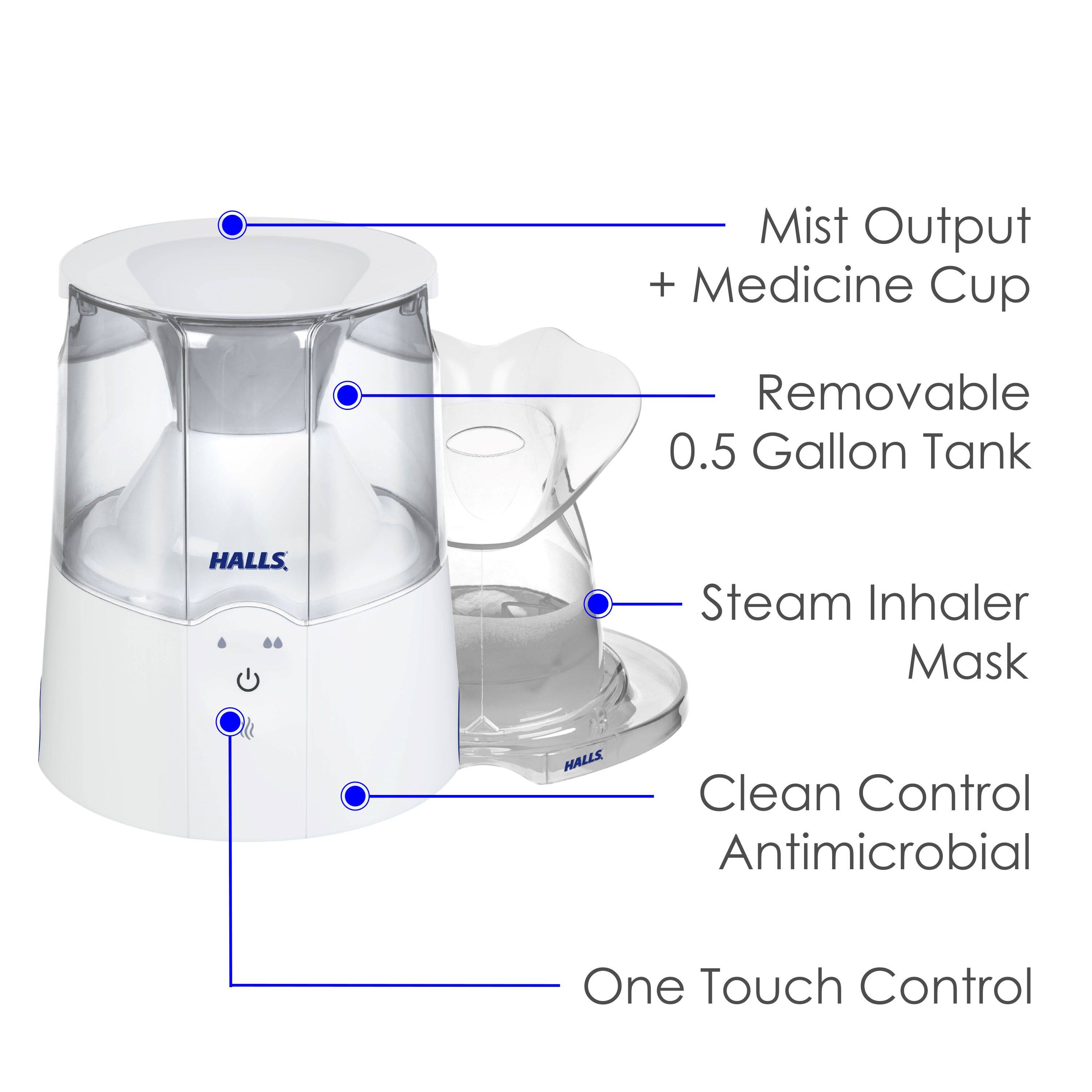 Mist Output + Medicine Cup, Removable 0.5 Gallon Tank, HALLS Steam Inhaler Mask, HALLS Clean Control Antimicrobial, One Touch Control