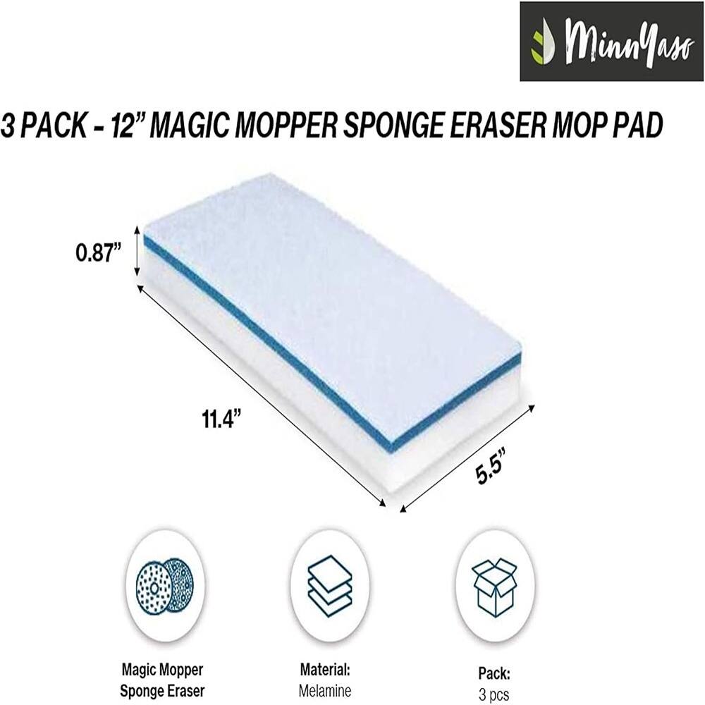 3 PACK - 12" MAGIC MOPPER SPONGE ERASER MOP PAD

- 0.87"
- 11.4"
- 5.5"

Magic Mopper Sponge Eraser

Material: Melamine

Pack: 3 pcs