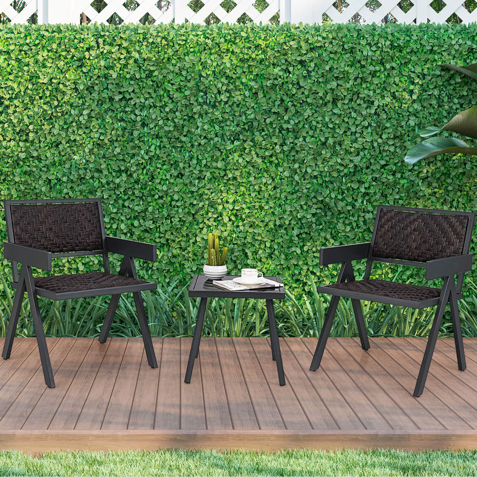 Costway - 3 PCS Patio Wicker Chair Set, Rattan Furniture Set with Quick Dry Foam Padding - Brown