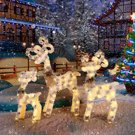 Oumilen - Pre‑Lit Flocked Reindeer 3‑Piece Set – L/M/S Christmas Yard Sculptures with Bow & Pine Cone for Outdoor Lawn