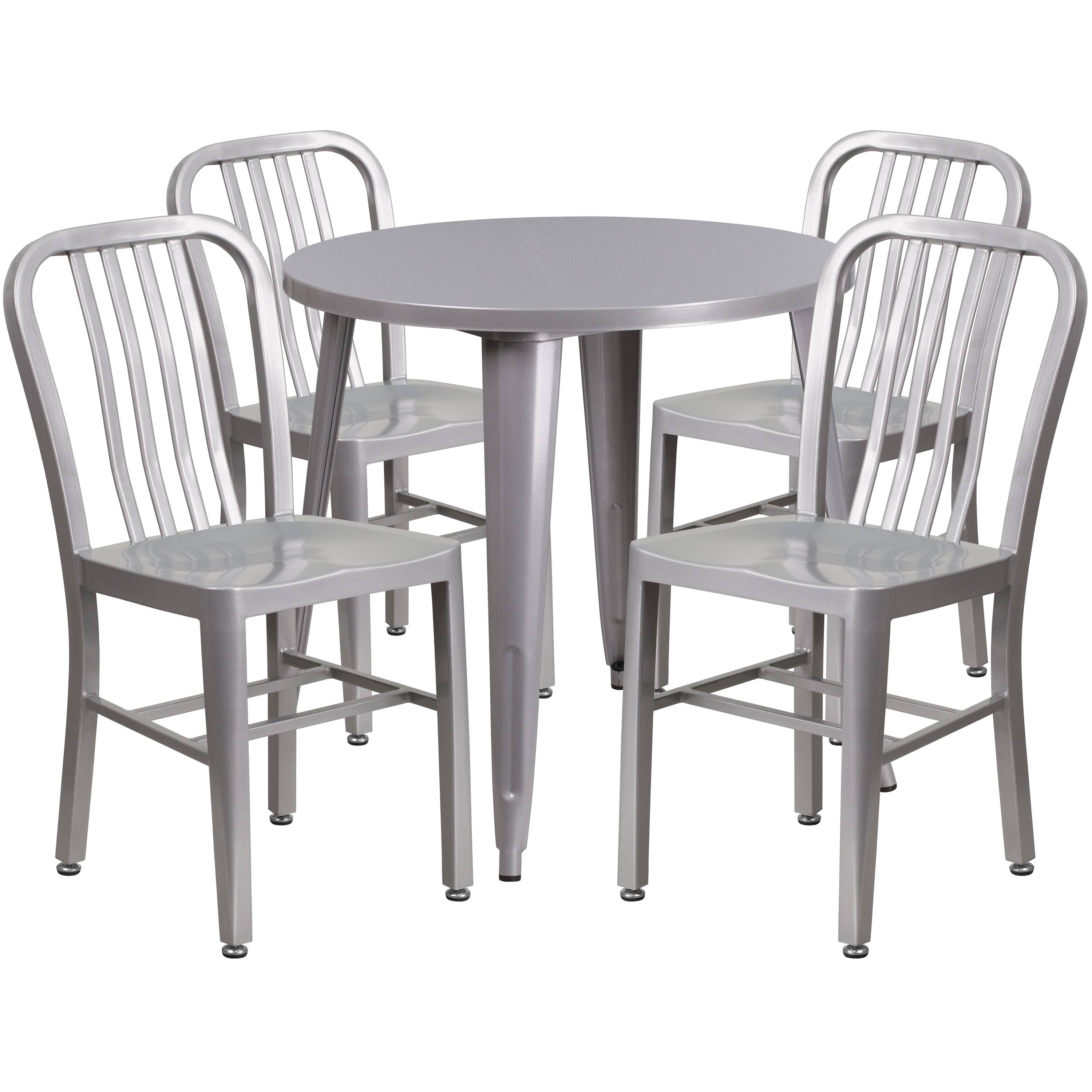 Front. Flash Furniture - Chad Commercial Grade 30" Round Silver Metal Indoor-Outdoor Table Set with 4 Vertical Slat Back Chairs - Gray.