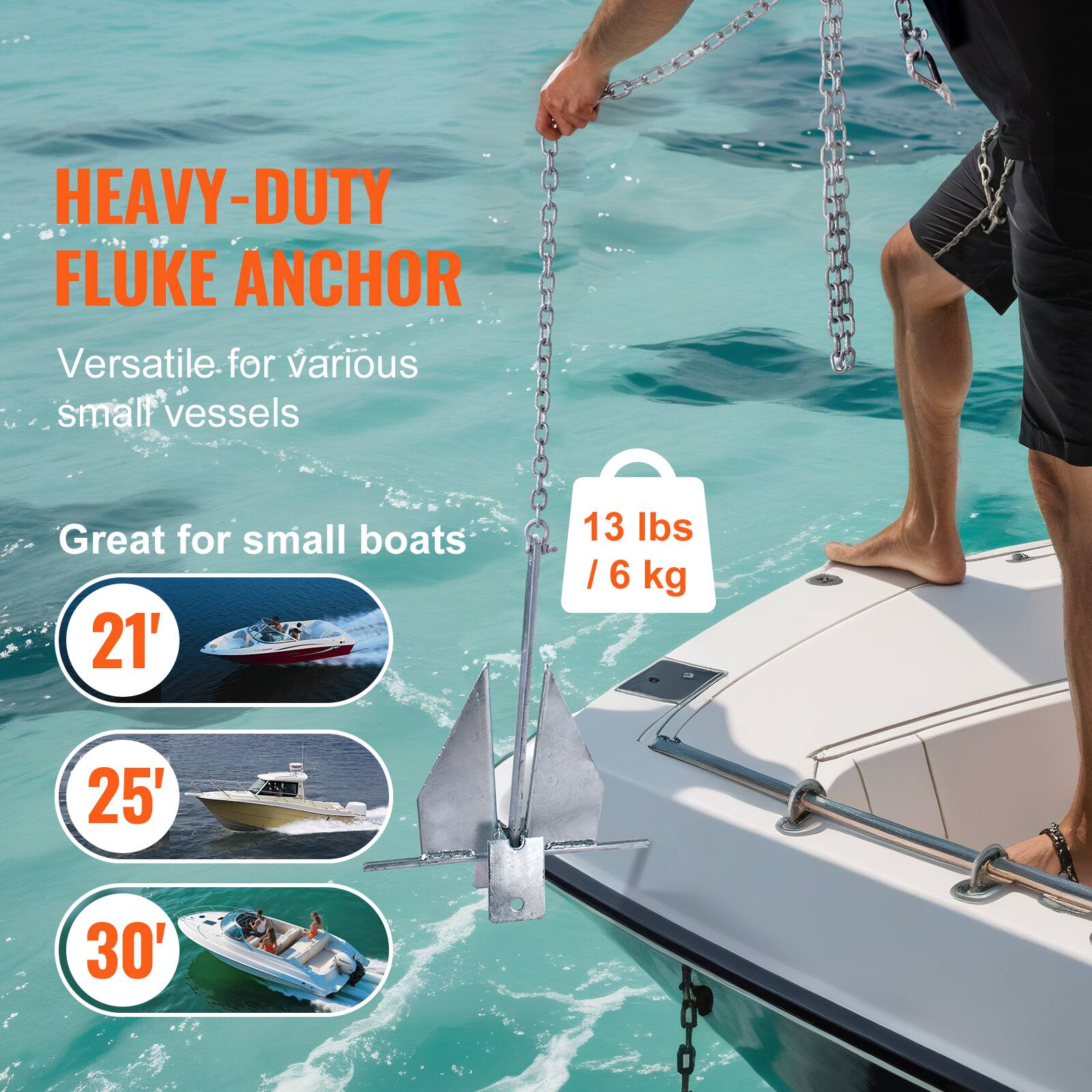 HEAVY-DUTY FLUKE ANCHOR  
Versatile for various small vessels  
Great for small boats  
21'  
13 lbs / 6 kg  
25'  
30'