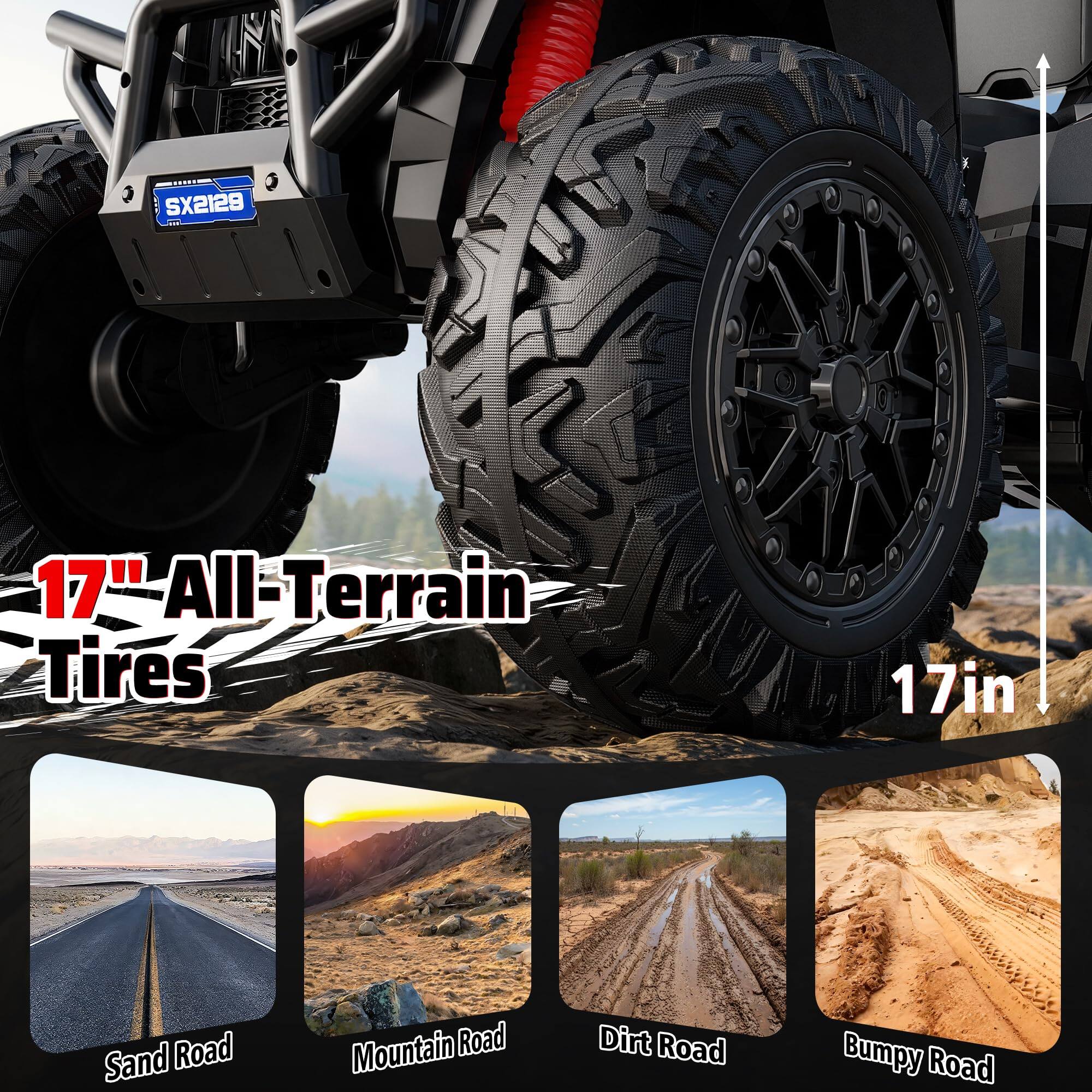 SX2128

17" All-Terrain Tires

17in

Sand Road

Mountain Road

Dirt Road

Bumpy Road