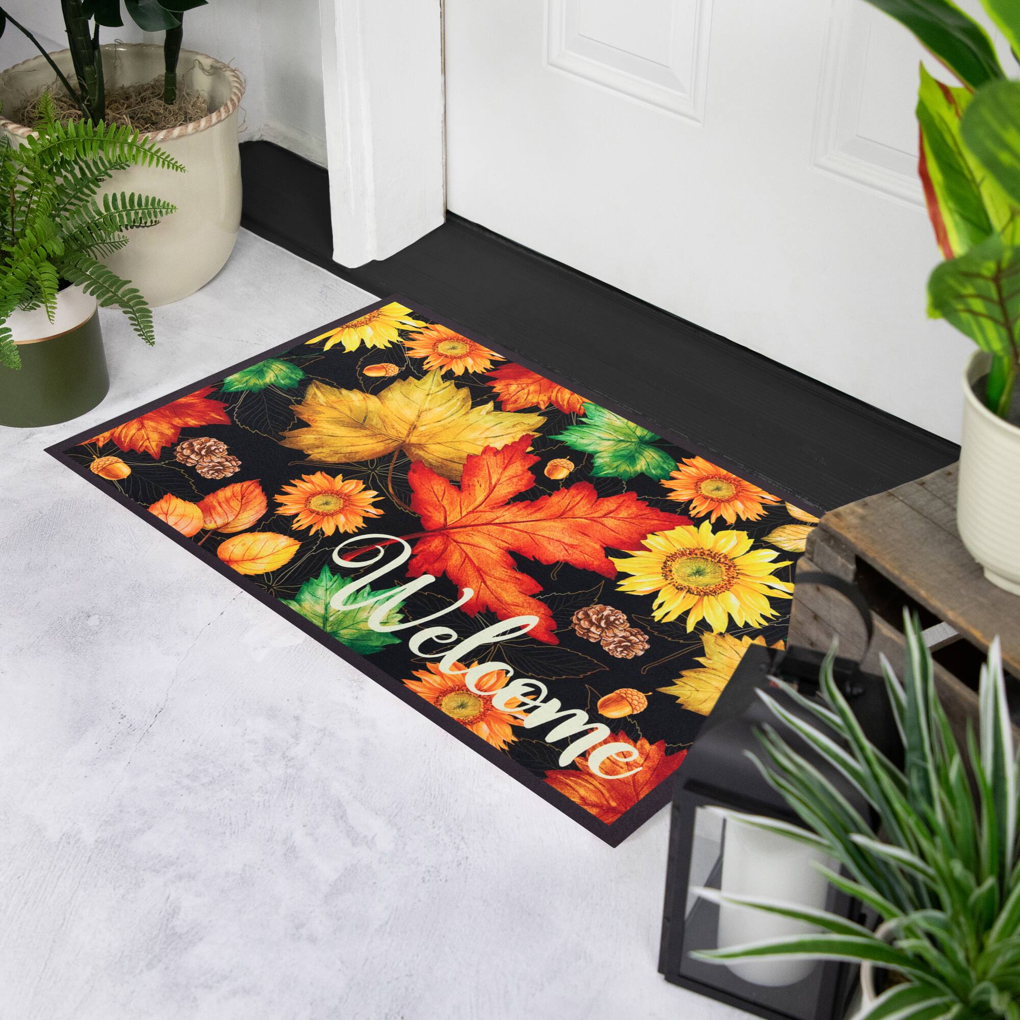 Alt View 2. Northlight - Maple Leaves and Sunflowers Welcome Fall Harvest Outdoor Doormat - 17.75" x 29.5" - Multi.
