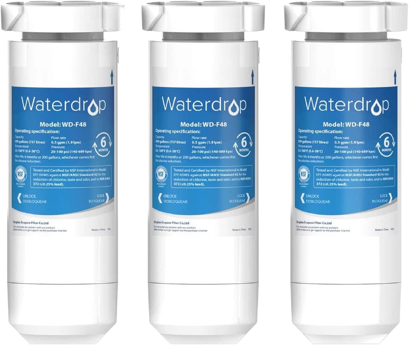 Waterdrop Model: WD-F48 Operating specification: Capacity Flow rate 200 gallons (757 litres) 0.5 (1.9 Ipm) 6 gpm Temperature Pressure 20-100 psi 140-689 kpa MONTYS 20-100 psi 140-689 kpa) Se months 200 gallons whichever comes first chiorine reductions Waterdrop Model: WD-F48 Operating specification: Capacity Flow rate 200 gallons (757 litres) 0.5 (1.9 Ipm) 6 gpm Temperature Pressure 20-100 psi 140-689 kpa MONTYS 20-100 psi 140-689 kpa) Se months 200 gallons whichever comes first chiorine reductions. NSF Tested and Certified by NSF International Model EFF-60485 against NSF/ANSI Standard for the reduction of chlorine, taste and odor and to NSF/ANSI Standard for the reduction of chlorine, taste and odor and to NSF/ANSI Standard for the reduction of chlorine, taste and odor and to NSF/ANSI Standard for the reduction of chlorine, taste and odor and to NSF/ANSI Standard for the reduction of chlorine, taste and odor and to NSF/ANSI Standard for the reduction of chlorine, taste and odor and to NSF/ANSI Standard for the reduction of chlorine, taste and odor and to NSF/ANSI Standard for the reduction of chlorine, taste and odor and to NSF/ANSI Standard for the reduction of chlorine, taste and odor and to NSF/ANSI Standard for the reduction of chlorine, taste and odor and to NSF/ANSI Standard for the reduction of chlorine, taste and odor and to NSF/ANSI Standard for the reduction of chlorine, taste and odor and to NSF/ANSI Standard for the reduction of chlorine, taste and odor and to NSF/ANSI Standard for the reduction of chlorine, taste and odor and to NSF/ANSI Standard for the reduction of chlorine, taste and odor and to NSF/ANSI Standard for the reduction of chlorine, taste and odor and to NS