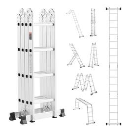 VEVOR - Multi-Purpose Folding Ladder, 7-in-1 Tall Extension Step Ladder, A Frame 4 Step Telescoping Ladder, 15.5ft Reach Height - Silver