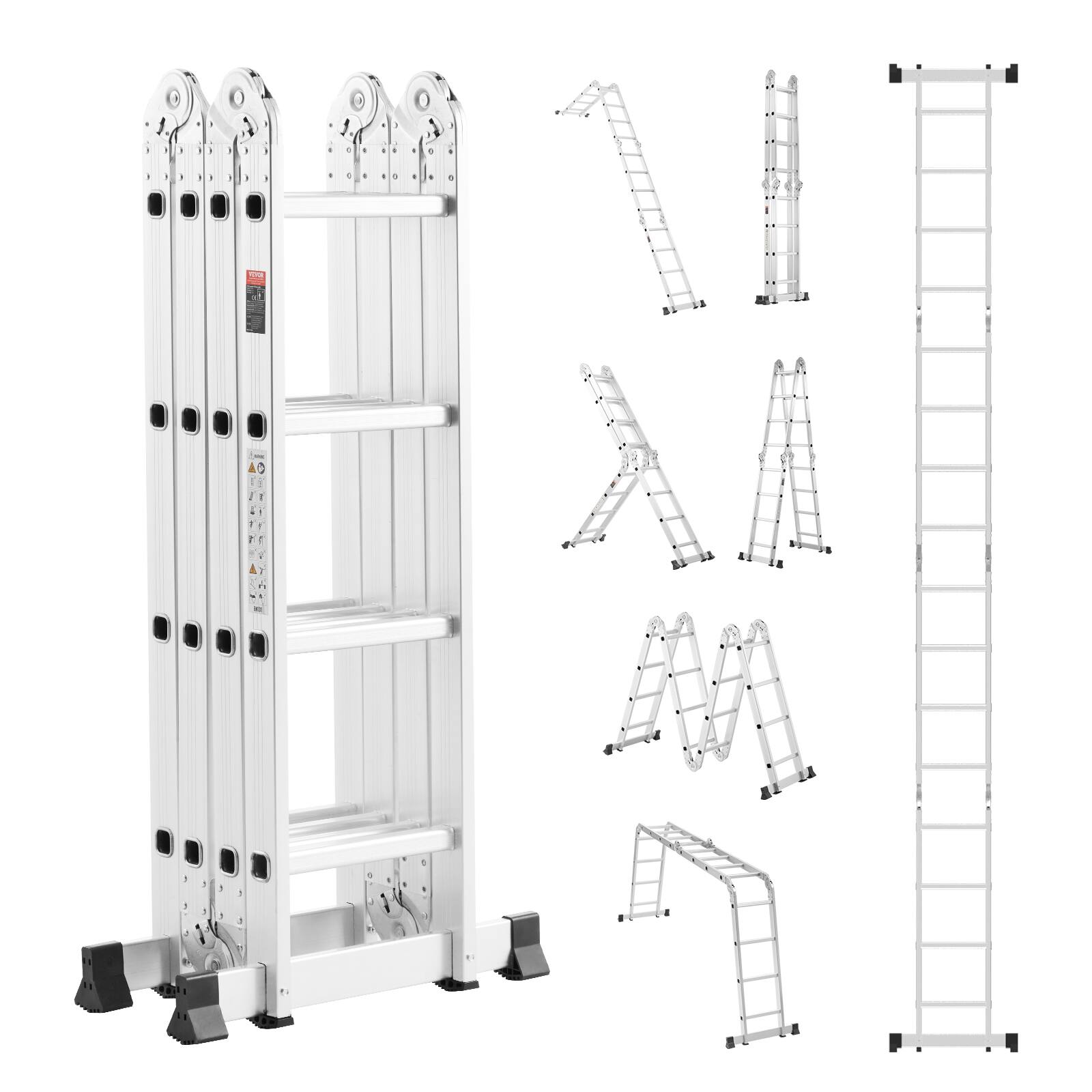 Front. VEVOR - Multi-Purpose Folding Ladder, 7-in-1 Tall Extension Step Ladder, A Frame 4 Step Telescoping Ladder, 15.5ft Reach Height - Silver.