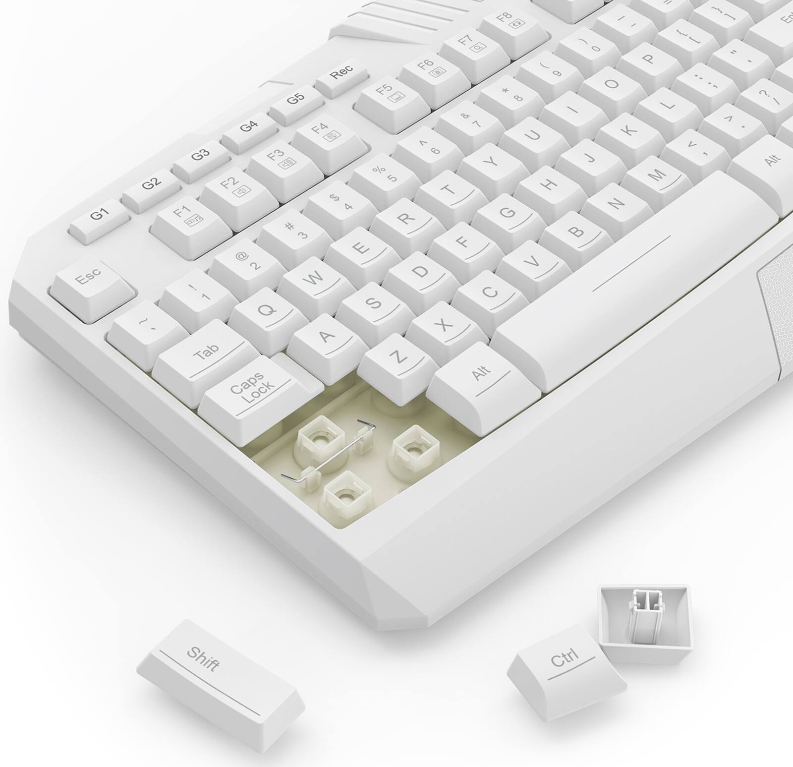The image shows a white computer keyboard with the top part removed, revealing the internal components. The keyboard has a variety of keys, including letters, numbers, and function keys. The keys are arranged in rows, with some keys grouped together, such as the letters "F" and "J" on the same row. The keyboard also has a spacebar and a tab key. The internal components of the keyboard include a keypad and a spacebar, which are essential for typing and navigating on a computer.