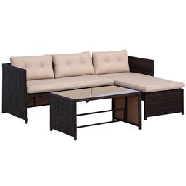 Outsunny - 3 Piece Patio Furniture Set, Rattan Outdoor Sofa Set with Chaise Lounge & Loveseat, Soft Cushions - Beige