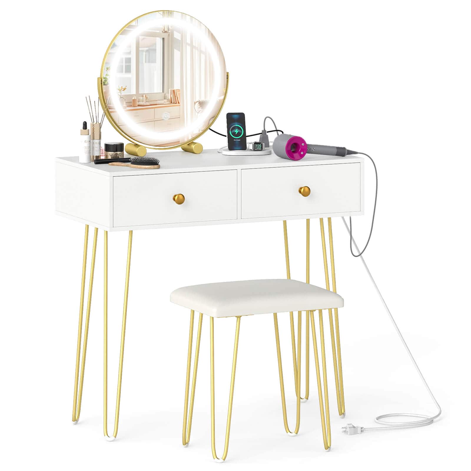 Costway - Vanity Desk with Mirror and Lights Lighted Adjustable Mirror 2 Drawers for Bedroom - White