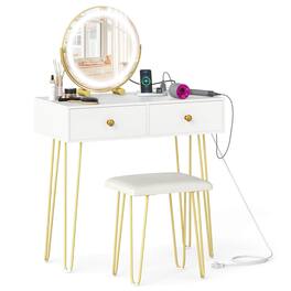 Costway - Vanity Desk with Mirror and Lights Lighted Adjustable Mirror 2 Drawers for Bedroom - White