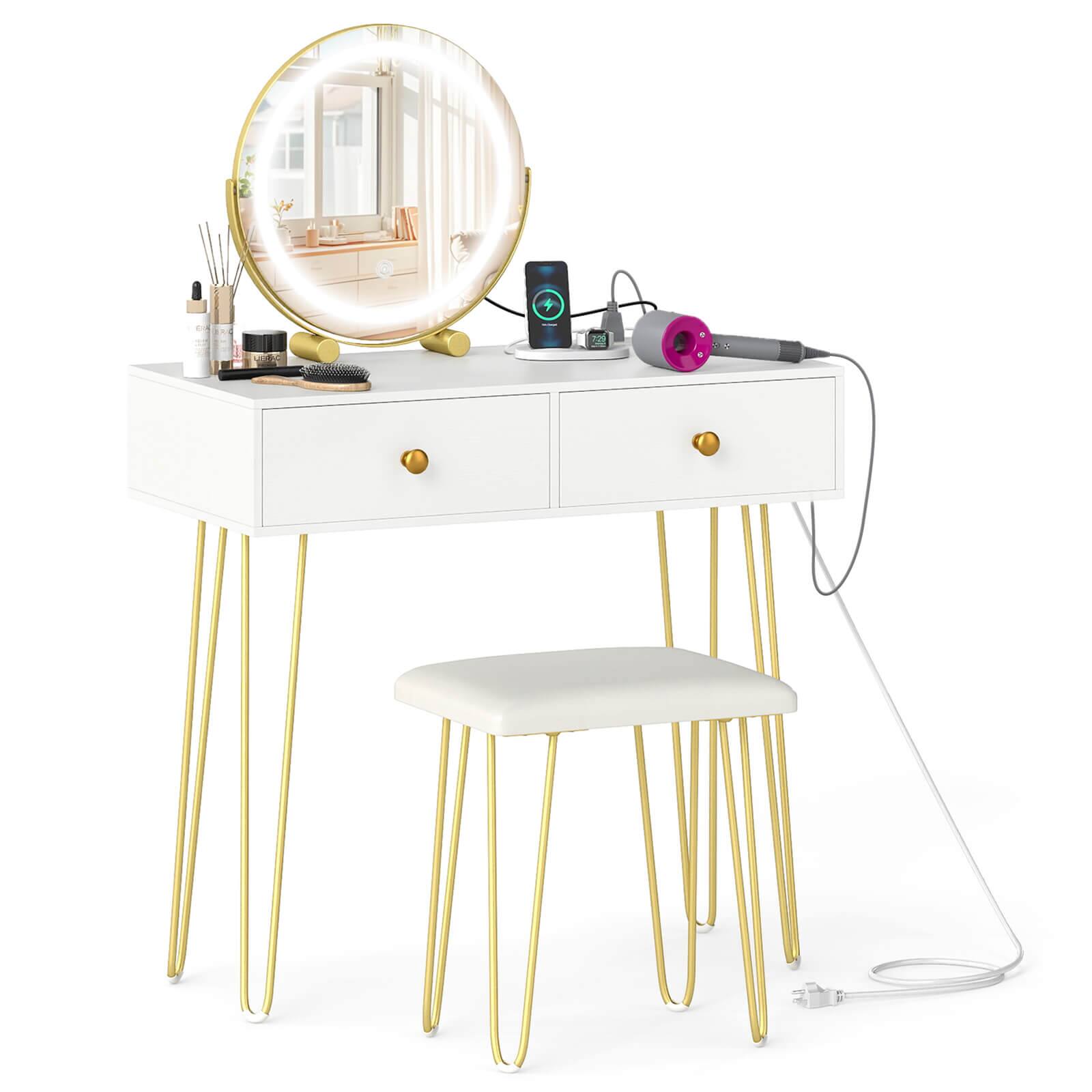 Front. Costway - Costway Vanity Desk with Mirror and Lights Lighted Adjustable Mirror 2 Drawers for Bedroom - White.