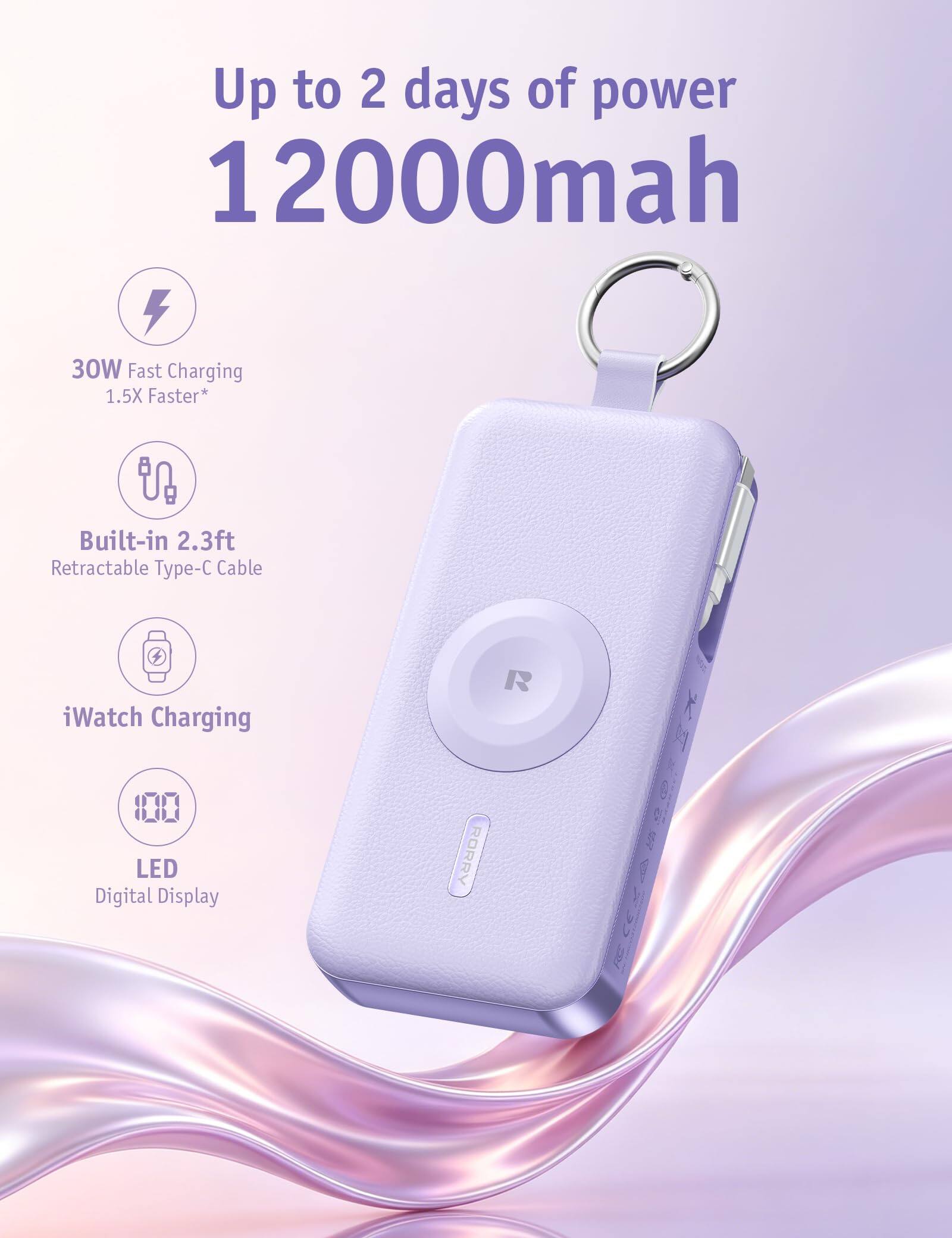 Up to 2 days of power  
12000mah  

30W Fast Charging  
1.5X Faster*  

Built-in 2.3ft Retractable Type-C Cable  

iWatch Charging  

LED Digital Display  

RORRY  
ROFT RC F35