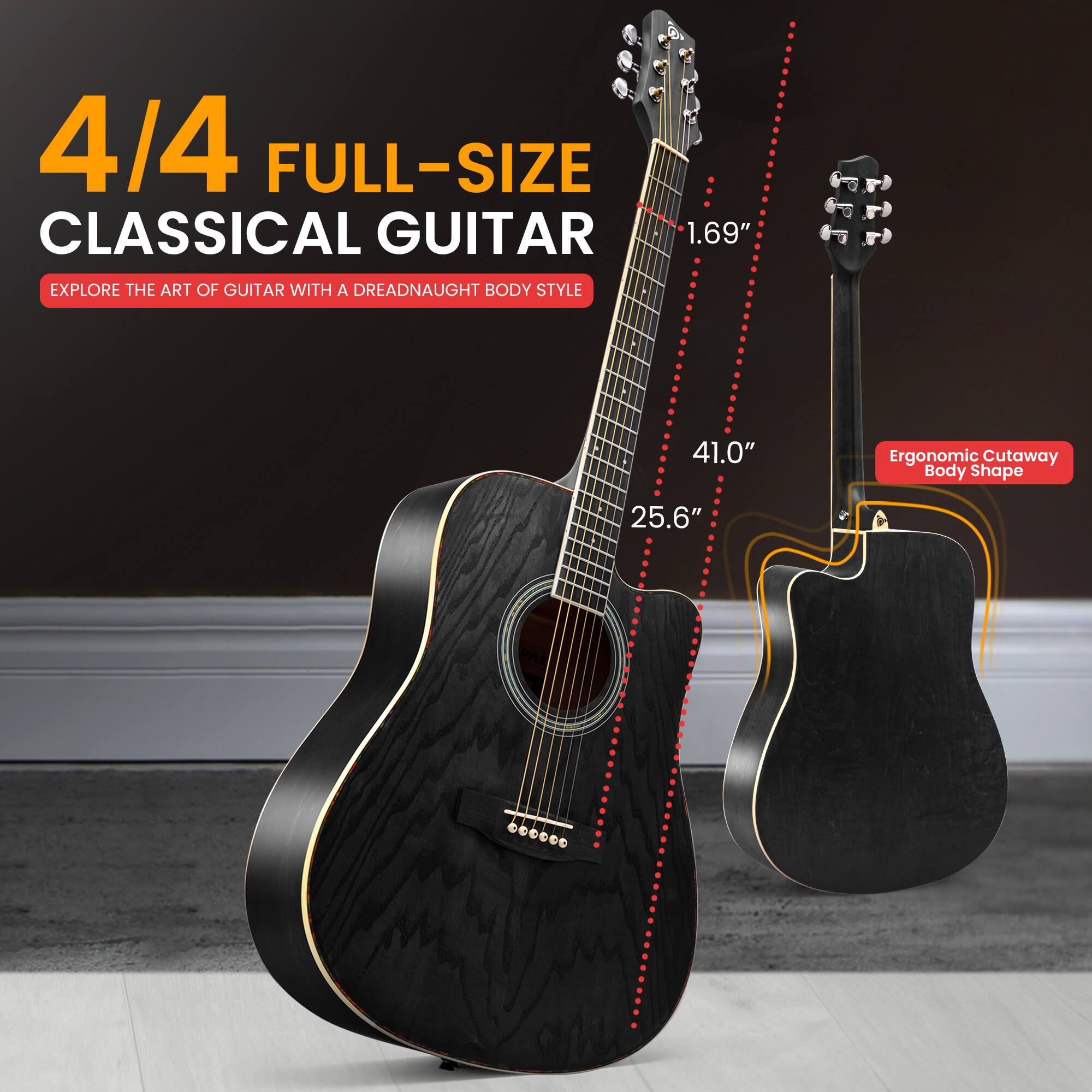 4/4 FULL-SIZE CLASSICAL GUITAR

EXPLORE THE ART OF GUITAR WITH A DREADNAUGHT BODY STYLE

1.69"  
41.0"  
25.6"  

Ergonomic Cutaway Body Shape