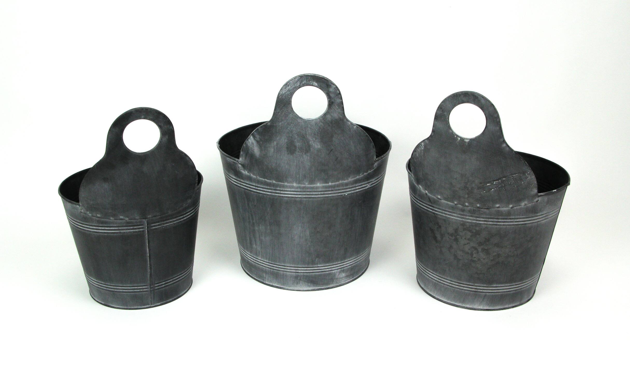 Alt View 2. PD Home & Garden - Set of 3 Charcoal Gray Finish Metal Bucket Style Hangable Planters - Grey.