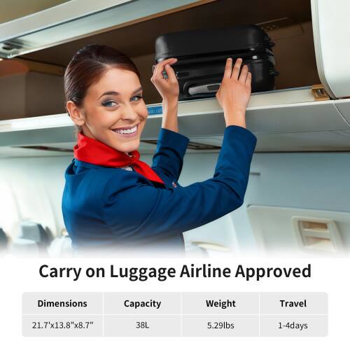 Carry on Luggage Airline Approved

Dimensions: 21.7" x 13.8" x 8.7"
Capacity: 38L
Weight: 5.29lbs
Travel: 1-4 days