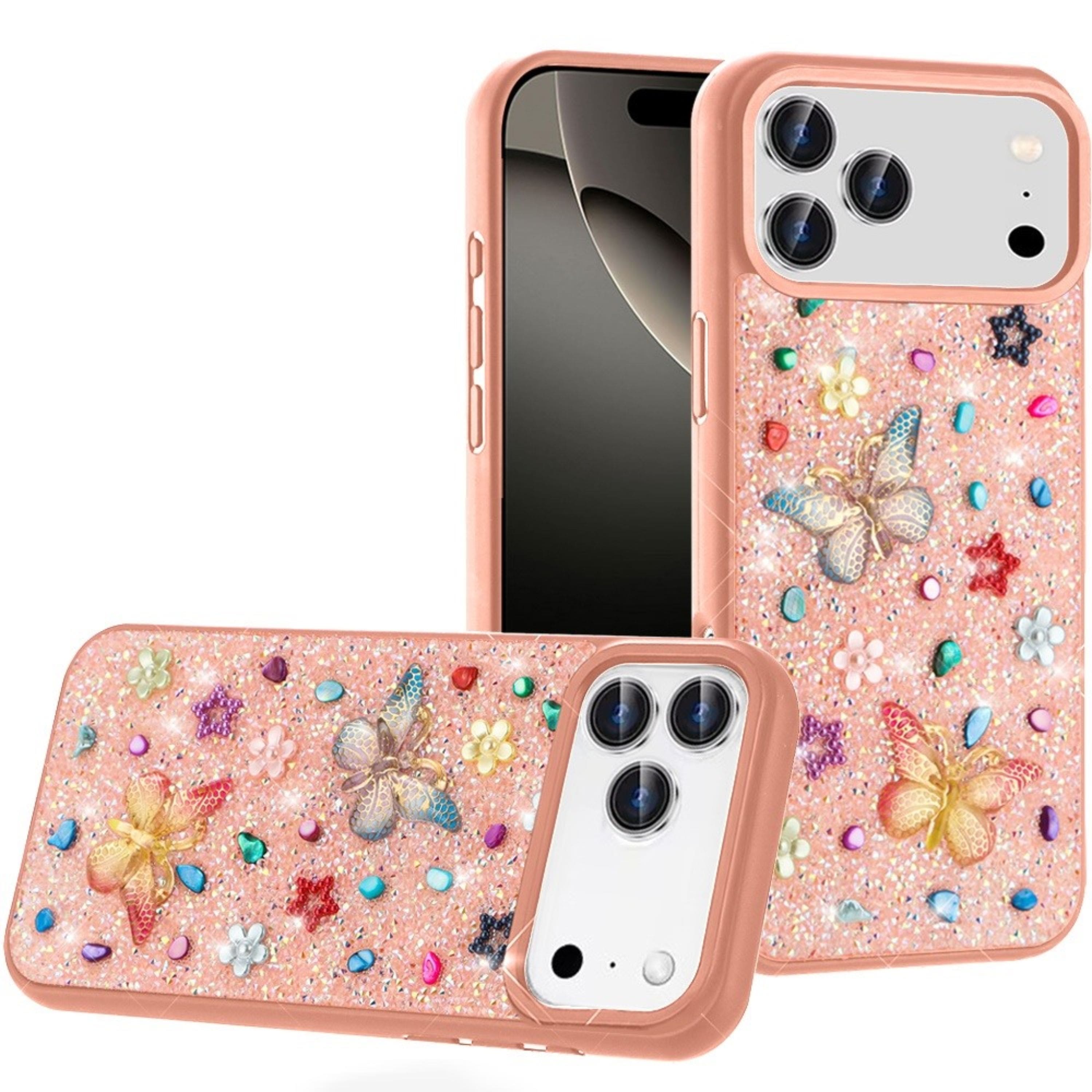 Kitcheniva - 3D Jewel Glitter Butterfly Design Phone Case With Tempered Glass For iPhone 17 Pro Light - Pink