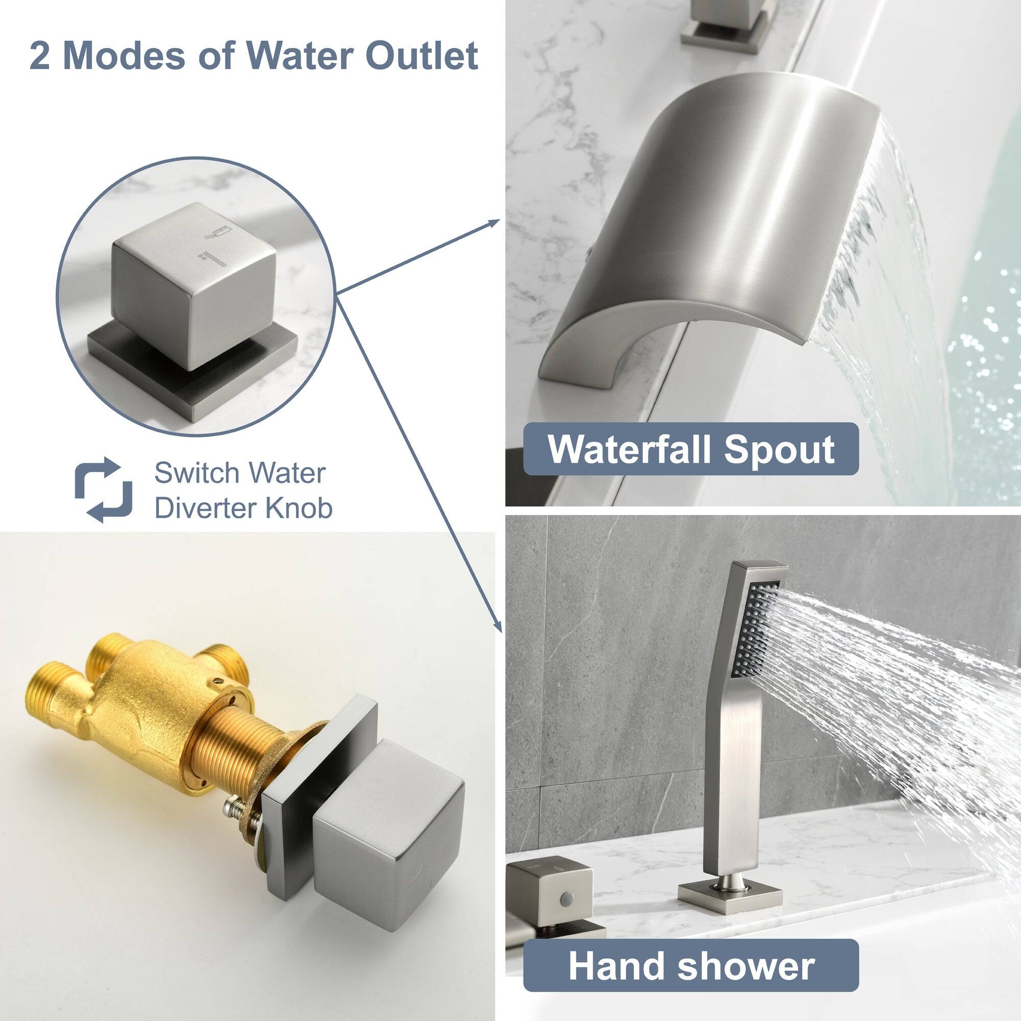2 Modes of Water Outlet

- Switch Water Diverter Knob
- Waterfall Spout
- Hand shower