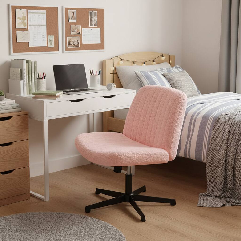 Angle. AOITUN - Criss Cross Chair Legged Armless Office Chair - Perfect for Dorms - Pink.