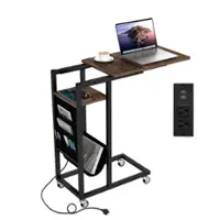 Costway - 1 PCS C-shaped End Table with Charging Station Rolling Bedside Table Couch Side Table - Rustic Brown/Black - Front_Zoom